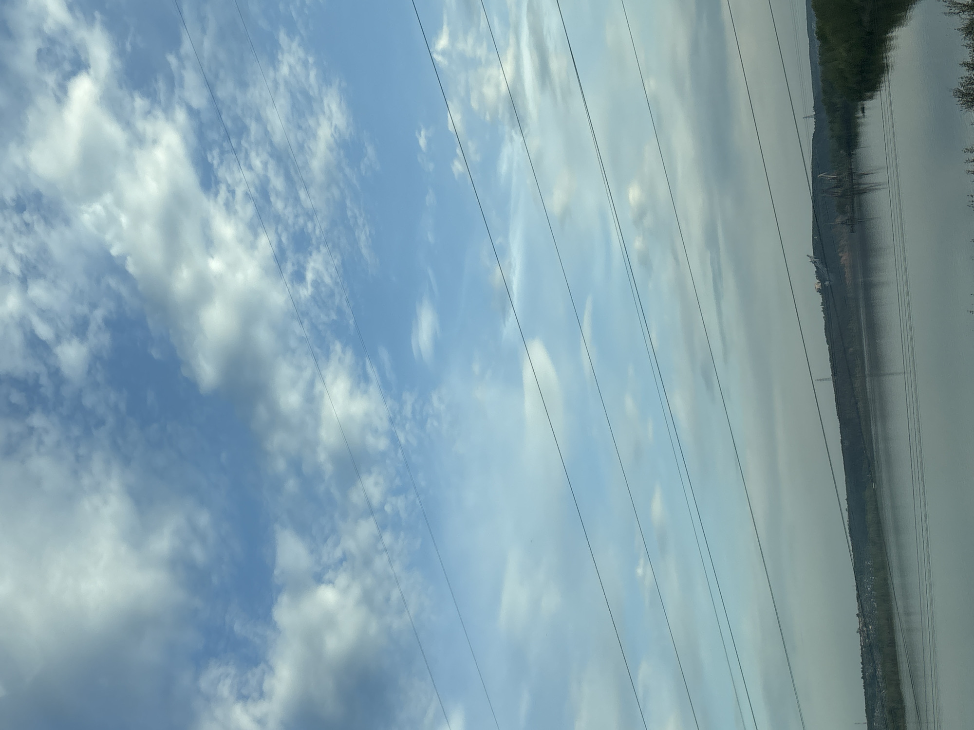 The image shows a view of a body of water (likely a river or lake) with a forested shoreline, under a sky partially covered with clouds. Power lines are visible crossing the frame. The location is plausibly near Noviy, Russia, considering the vegetation type and presence of water bodies.