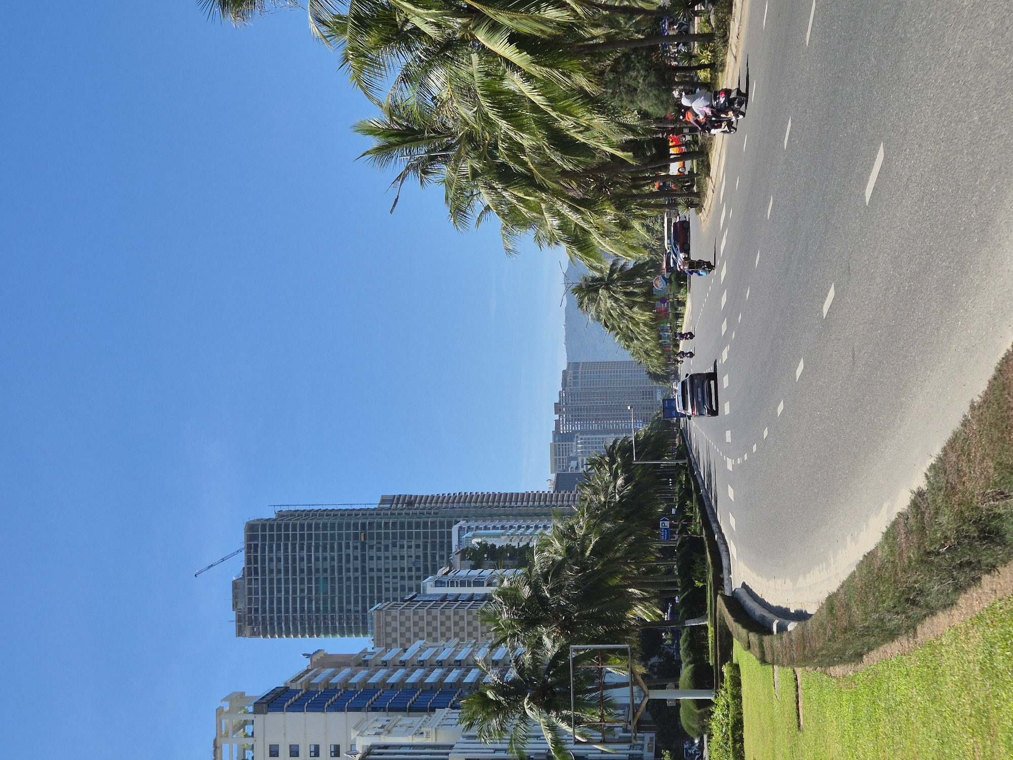 The image depicts a wide, paved road curving through a city with tall buildings and palm trees lining the sides. The sky is clear and blue. On the left side of the road, there are several modern high-rise buildings, some of which appear to be under construction. A crane is visible on top of one of these buildings. The right side of the road is dominated by a dense row of palm trees, casting shadows on the asphalt. There is a median strip with manicured bushes and grass separating the lanes of traffic. Several vehicles, including cars and motorcycles, are driving on the road. A few pedestrians are also visible. The scene appears to be a sunny day in a coastal city, likely in a tropical or subtropical region, given the presence of palm trees. Based on the architectural style and the presence of palm-lined boulevards, this scene is consistent with the coastal road in Da Nang, Vietnam, specifically an area like My Khe Beach or along Vo Nguyen Giap Street.