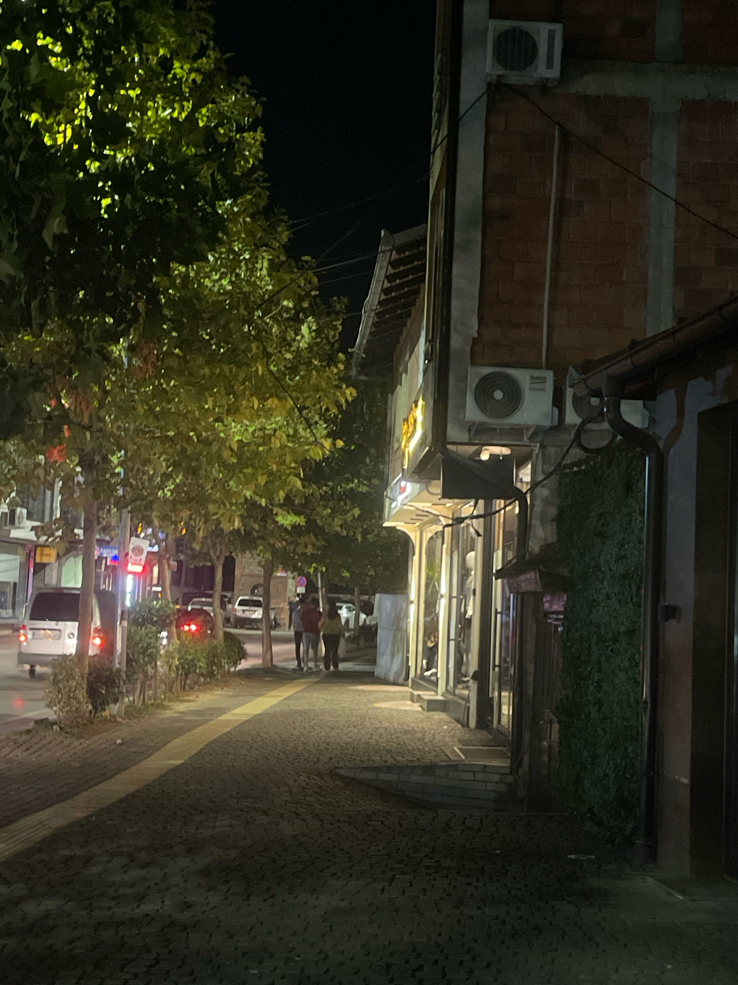 The image depicts a nighttime street scene in Prizren, Kosovo. A tree with green foliage is on the left, illuminated by streetlights. In the background, there are shops with illuminated storefronts and people walking on the sidewalk. A white van is parked on the street. The sidewalk is paved with cobblestones and a yellow tactile paving strip runs along its edge. The buildings flanking the street are made of brick and concrete. There are also air conditioning units mounted on the exterior walls of one building. The overall impression is a quiet, urban street at night.