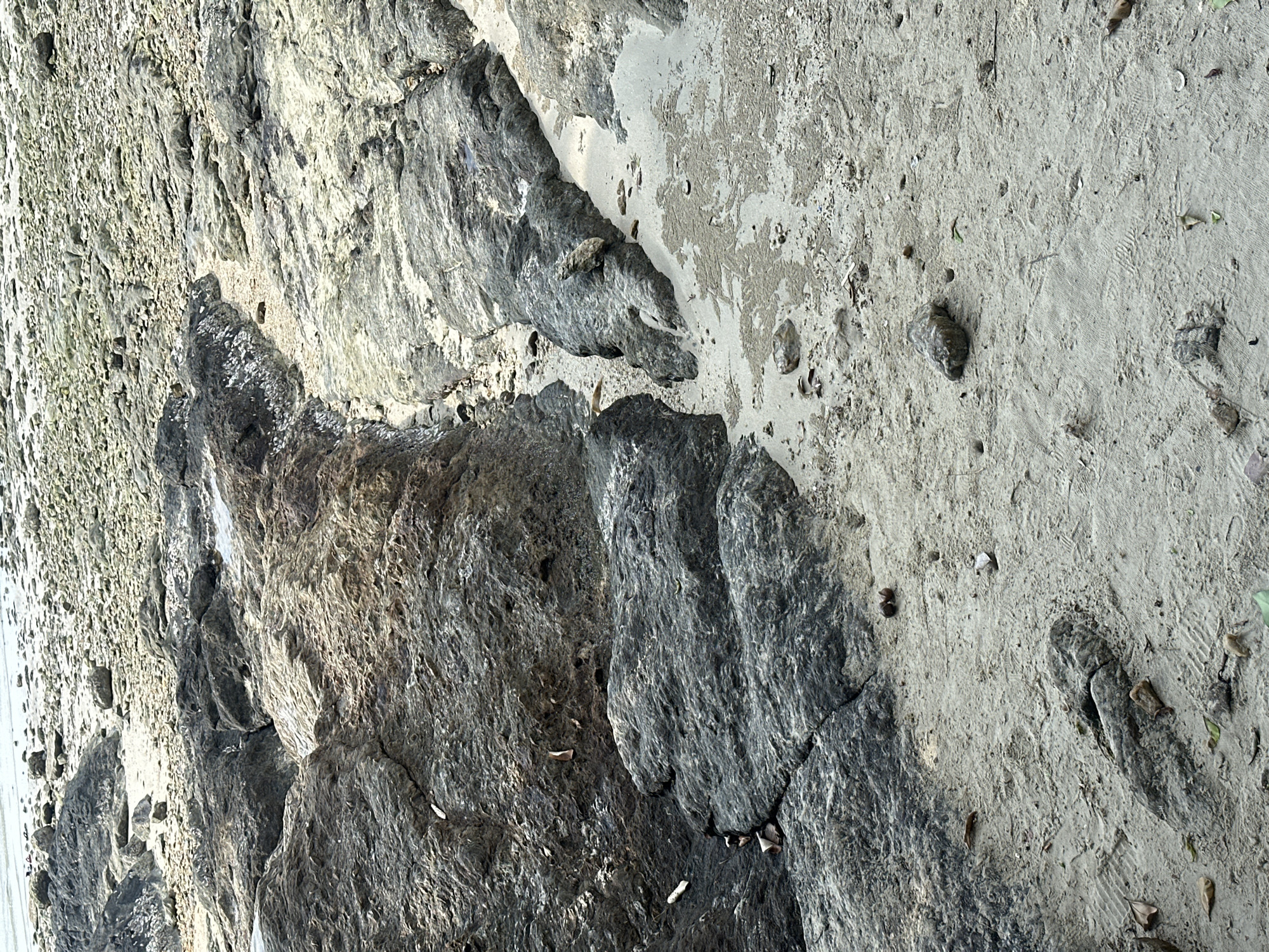 The image shows a close-up view of a rocky terrain, likely a coastal or cliffside area. The foreground features rough, gray rocks with textured surfaces, suggesting erosion and weathering. Patches of sandy soil are interspersed among the rocks, containing small stones and scattered debris, possibly leaves. The overall environment appears to be natural and uncultivated, with no clear signs of human activity. The image lacks indicators of specific people, objects, or actions. The description includes the location's name but does not verify it as a known city or confirm that it is indeed located in Thailand.