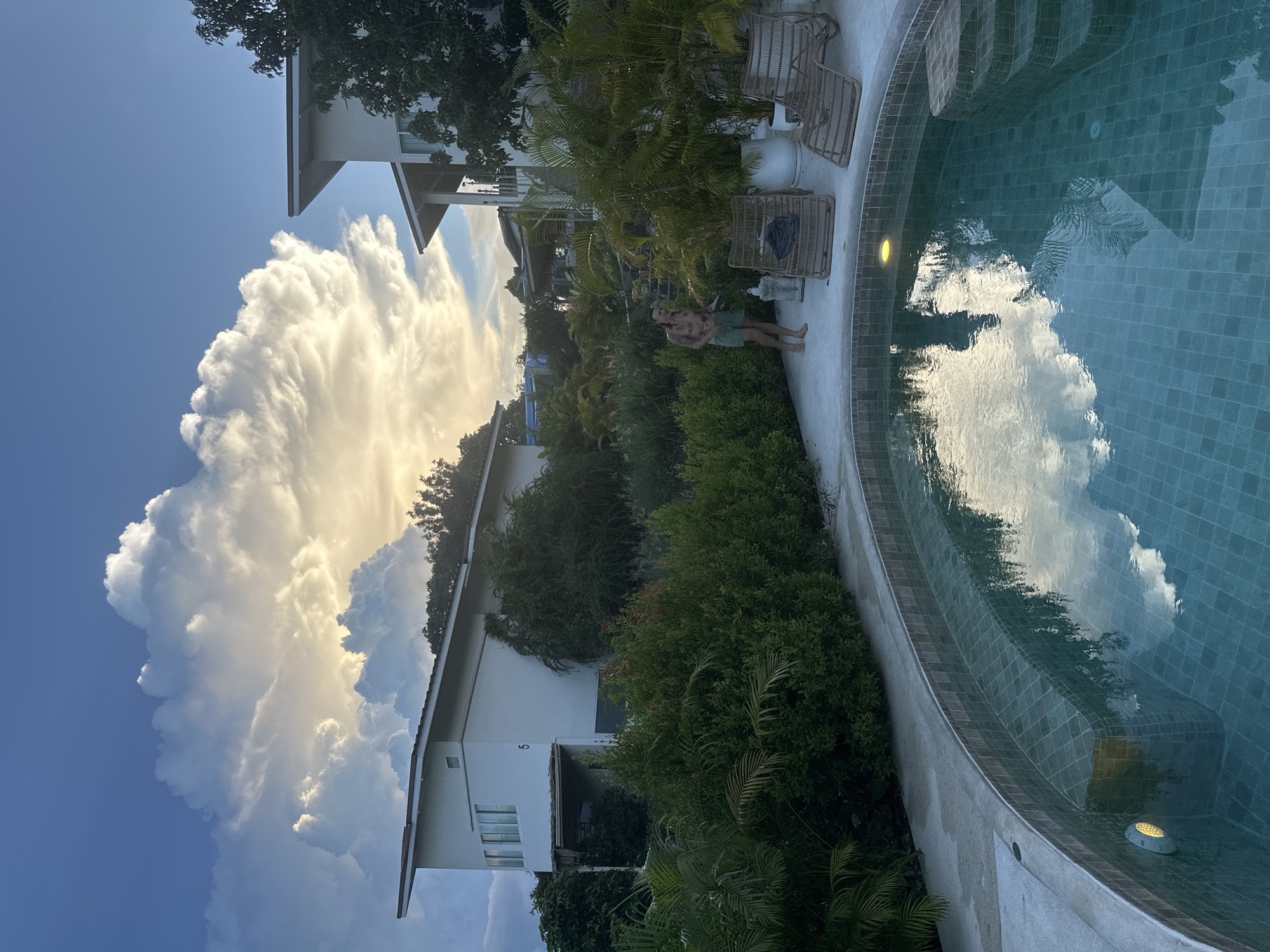 The image depicts a serene poolside scene at dusk in Koh Phangan, Thailand. The foreground features a swimming pool with turquoise tiles and a submerged step bathed in artificial light. The pool's surface reflects the dramatic, illuminated clouds dominating the sky. To the right of the pool, two wicker lounge chairs are placed on a concrete patio, with a man in green shorts standing near a small statue and several potted palm trees. Behind the patio, lush, tropical vegetation surrounds two white, modern-style buildings with distinctive angled roofs. The larger building on the left is marked with the number "5" and has several windows. The overall atmosphere suggests a tranquil evening at a tropical resort.