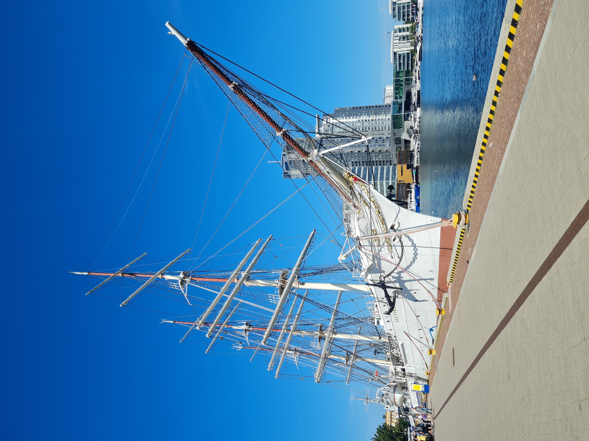 The image shows the "Dar Pomorza" sailing ship docked in Gdynia, Poland. The ship is a white, three-masted barque, with its sails furled and masts and rigging clearly visible against a clear blue sky. It is positioned along a paved waterfront promenade, bordered by yellow and black striped bollards. Several people are walking along the promenade. In the background, there are modern high-rise buildings and a marina with numerous yachts and smaller boats on the blue water. The overall scene depicts a bright, sunny day at a harbor.