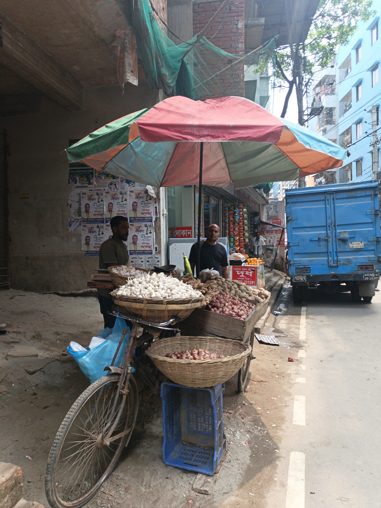 This bustling street scene in Dhaka, Bangladesh, captures a vibrant marketplace under bright daylight. Two men, likely vendors, operate a produce stall on a dirt sidewalk alongside an asphalt road. A large, multi-colored umbrella (red, green, blue, orange panels) provides shade over their merchandise.
The stall prominently displays large quantities of garlic in woven baskets, alongside red onions and potatoes in wooden crates. Other produce like ginger and what appears to be a long gourd are also visible. An old, rusty bicycle, with a blue plastic bag hanging from its handlebars, is propped up against the stall, suggesting it's used for transport. One vendor, a man with a beard, stands behind the garlic baskets, while another bald man stands further back behind a display of onions and potatoes.
In the background, a large blue box truck is parked on the street, its rear visible. The truck's license plate shows "ঢাকা মেট্রো" (Dhaka Metro) and "১৪-১২৩০". Buildings line the street, including a light blue multi-story residential-style building on the right and a brick structure on the left, partially obscured by green construction netting. Posters featuring a man named "মোঃ ইকবাল হোসেন" (Md. Iqbal Hossain) with the text "ঈদ শুভেচ্ছা" (Eid greetings) and "ড্রাইভিং শিখুন" (Learn driving) are plastered on a wall behind the stall. Other signs read "র দোকান" (store/shop) and "এখানে গরুর খাঁটি দুধ পাওয়া যায়" (Pure cow's milk available here) with a phone number "0176-203391". A "থামুন" (Stop) sign is also visible near the truck. The road has white dashed markings.
