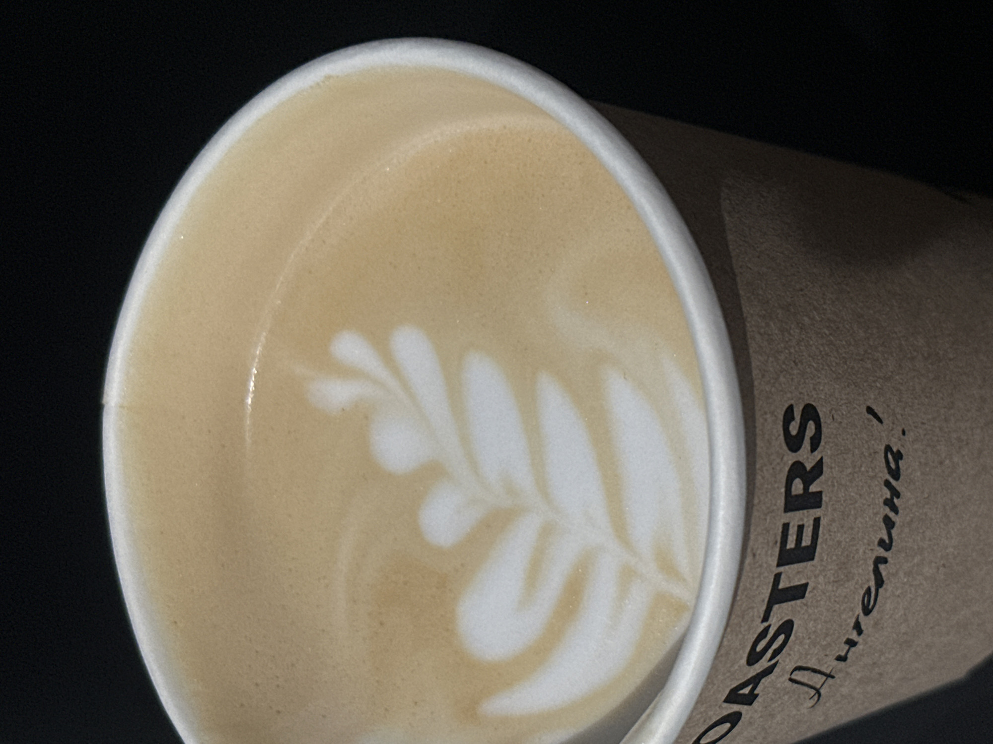 This close-up image features a disposable, light brown paper coffee cup with a white rim, containing a beverage topped with detailed latte art. The coffee's surface displays a white, stylized leaf or fern pattern against a creamy, light brown foam. The foam appears finely textured, indicating a well-prepared drink.
The cup is angled slightly, with the contents filling a significant portion of the frame. The background is predominantly dark, providing strong contrast that highlights the coffee and cup. Partial text is visible on the side of the cup: the letters "ASTERS" are printed in black, suggesting part of a word like "ROASTERS." Below this, written in a flowing, handwritten-style Cyrillic script, is "Ангелина!" (Angelina!), followed by an exclamation mark. This detail implies personalization or a barista's signature.
The scene focuses solely on the object, showcasing the aesthetic presentation of the coffee. The visible details suggest a freshly made latte or cappuccino. The image was captured in Kazan, Russia, consistent with the Cyrillic text on the cup. No people or specific time of day are discernible.