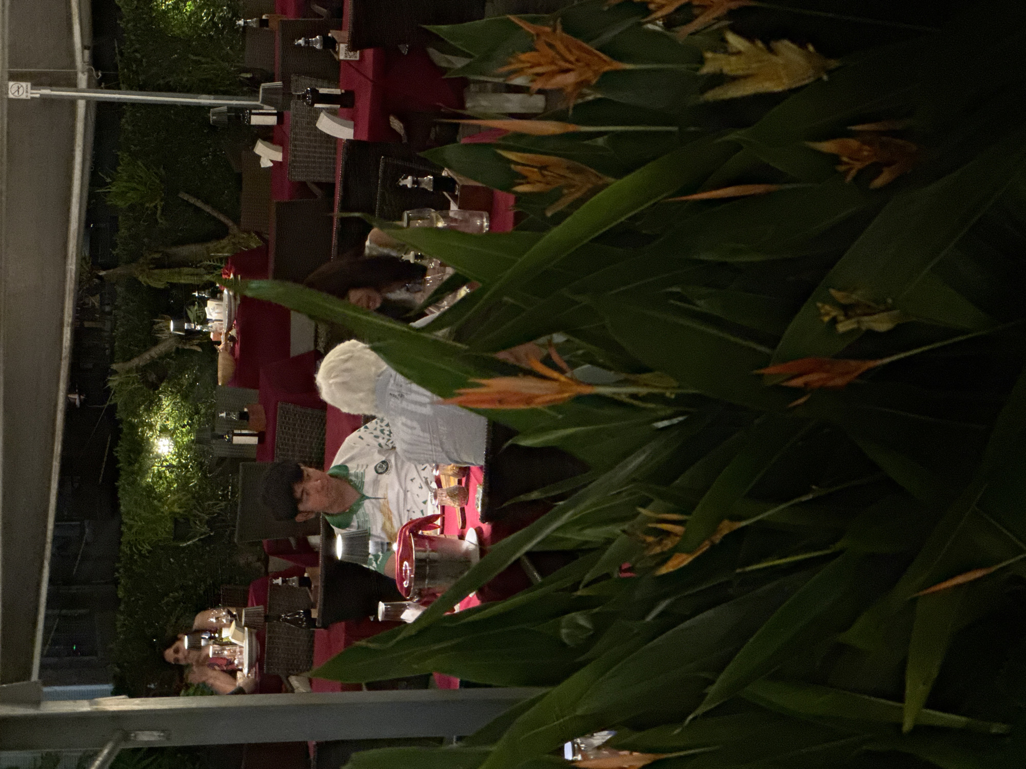 The image depicts an outdoor dining scene at night, likely in a restaurant in Chiang Mai, Thailand. Several tables are set with red tablecloths and appear to be occupied by patrons. In the foreground, a person wearing a white shirt with green patterns is seated at a table. Other individuals are visible at different tables, some appearing to be engaged in conversation. The scene is illuminated by ambient lighting, with some areas casting shadows. Lush green foliage with orange flowers dominates the right side of the frame, partially obscuring the dining area and suggesting a tropical or garden setting. Some tables have bottles, glasses, and what appear to be food items. The overall atmosphere suggests a relaxed evening meal.
