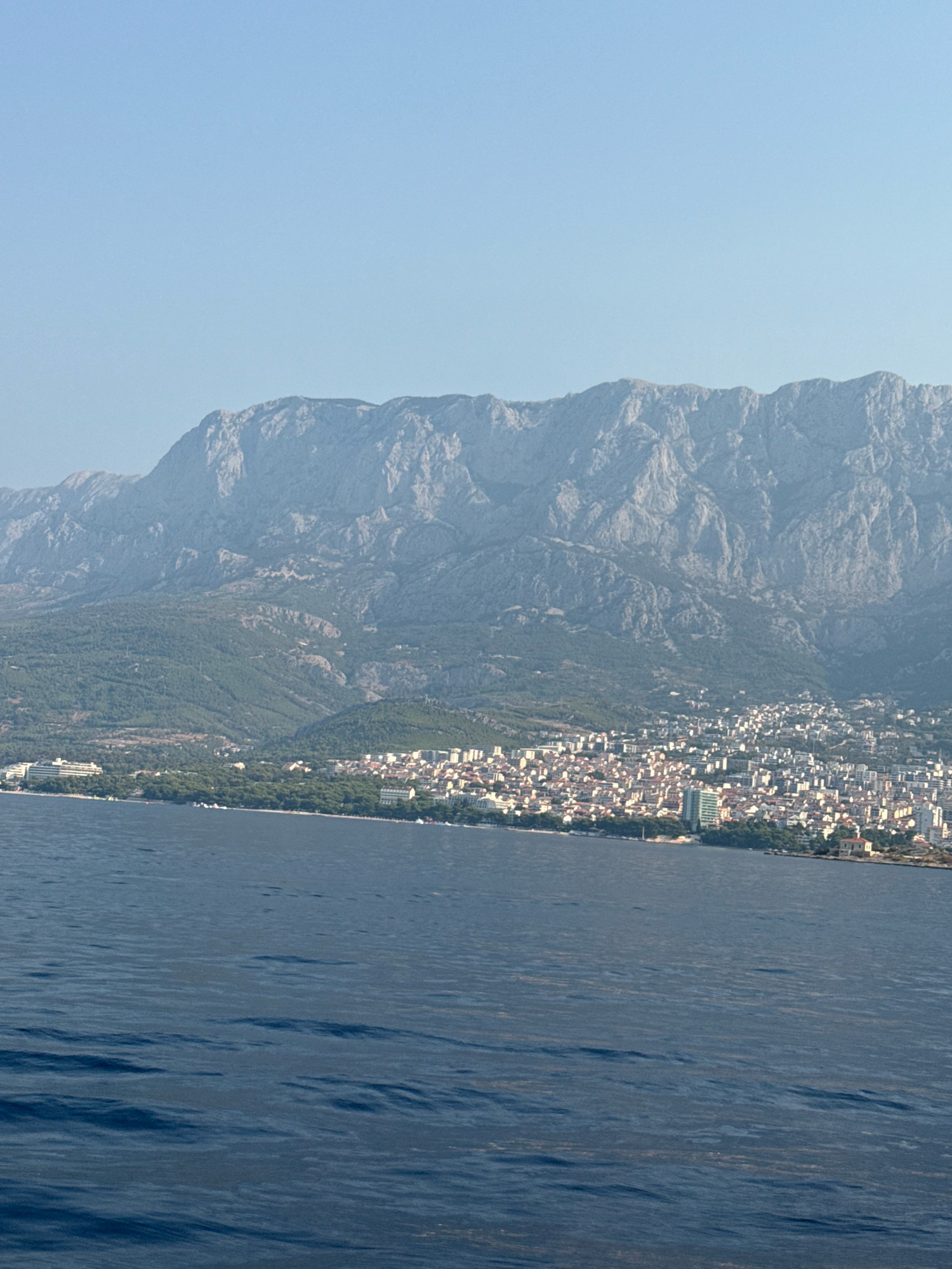 The image displays a panoramic view of Makarska, Croatia, as seen from the sea. The foreground is dominated by the deep blue water of the Adriatic Sea, with gentle ripples on its surface. In the mid-ground, a coastal city is nestled against a backdrop of imposing mountains. The city is densely populated with buildings of varying heights, characterized by red-tiled roofs, typical of Mediterranean architecture. A prominent white building, likely a hotel or resort, is visible on the left side of the city. The coastline is lined with lush green trees and vegetation, suggesting a well-developed tourist area. The background features a vast mountain range, its rugged peaks and slopes stretching across the horizon. The mountains are covered with sparse vegetation in some areas and appear rocky and barren in others. The sky is a clear, pale blue, indicating fair weather conditions. There are no visible people or specific actions captured in the scene; it is a static landscape photograph.