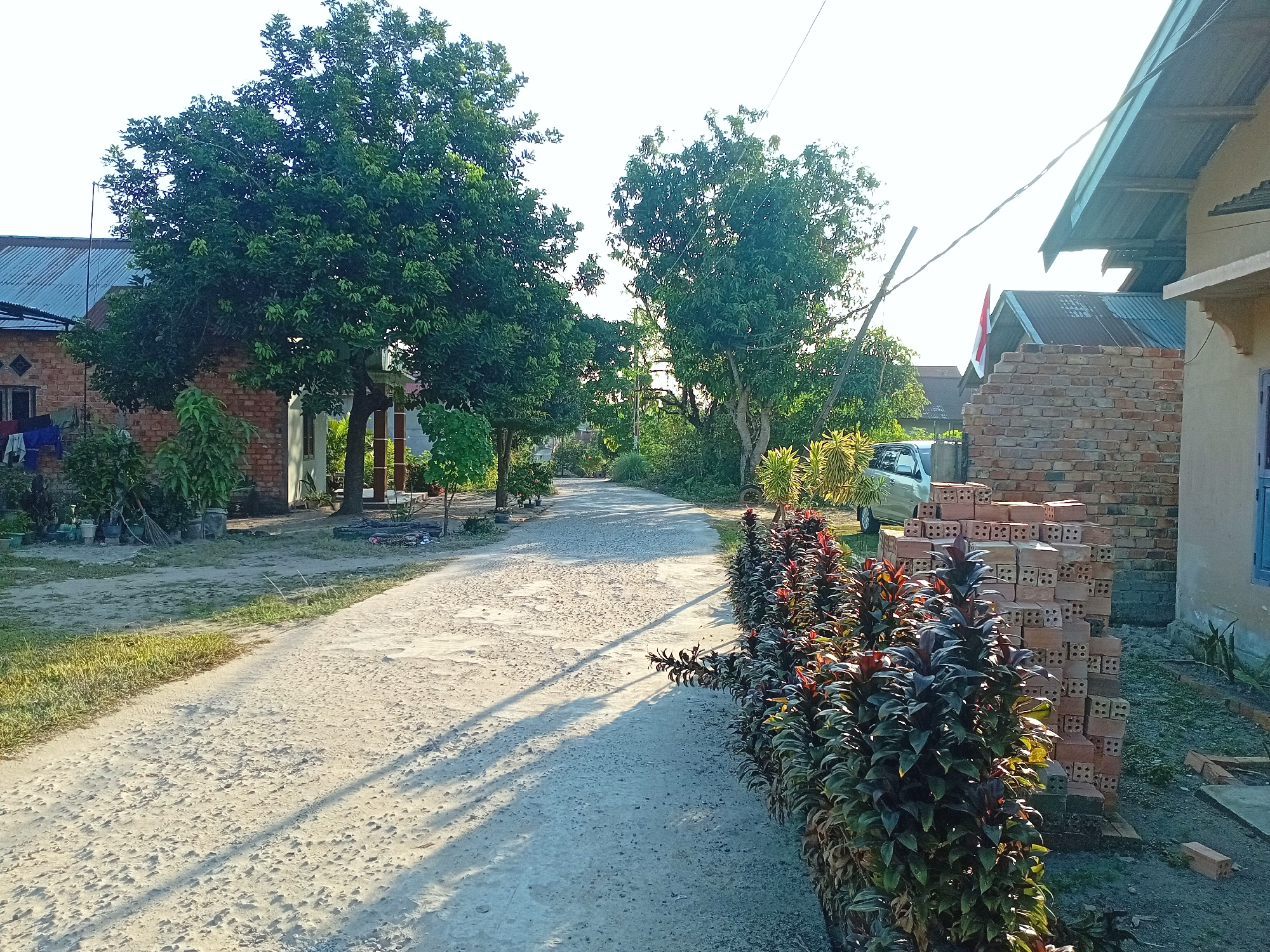 The image depicts a residential street scene in Kasang Pudak, Indonesia, bathed in the warm light of what appears to be late afternoon or early morning. A gravel road dominates the foreground, with shadows cast by trees and foliage stretching across its surface.
To the left of the road, a modest brick house with a corrugated metal roof is visible, with laundry hanging on a line outside. Several potted plants and some debris are scattered in the yard. Further down the road, two large, mature trees with dense green foliage provide shade.
On the right side of the road, a neat row of dark red and green leafy plants forms a border. Behind these plants, a stack of unmortared bricks is piled against a brick wall, suggesting ongoing construction or renovation. A silver car is parked on the side of the road next to the brick pile. Further down, more vegetation and glimpses of other buildings can be seen. The overall impression is one of a tranquil, semi-rural neighborhood.