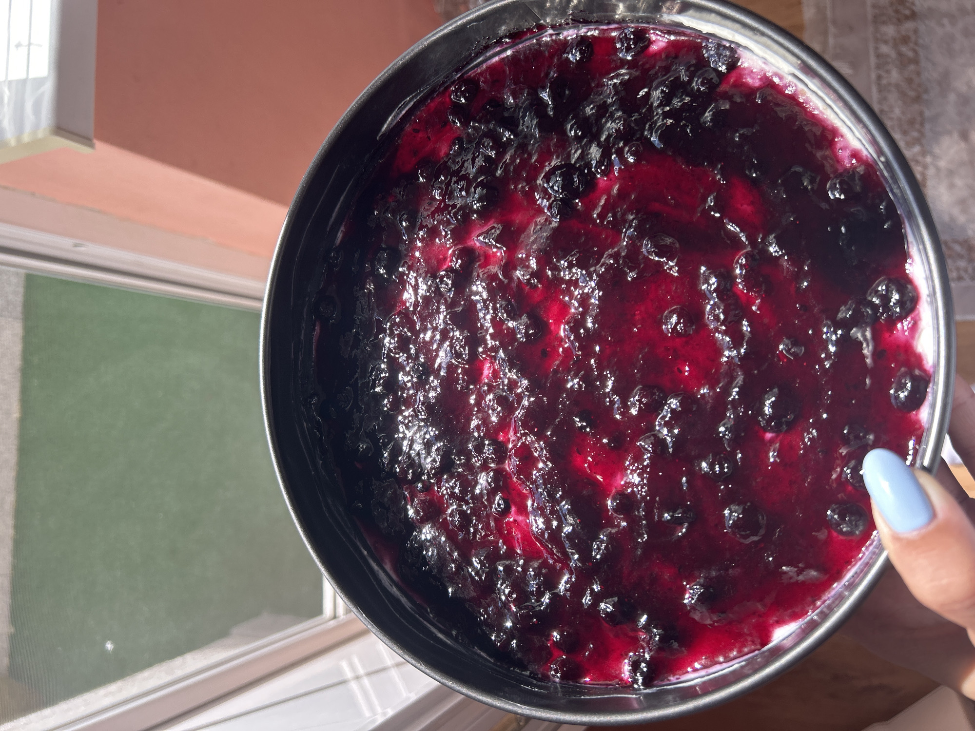 The image presents an overhead shot of a round dessert, likely a cheesecake or a similar pastry, adorned with a vibrant, deep reddish-purple berry compote. The compote features numerous whole and crushed dark berries, giving it a rich, textured appearance within a glossy, syrupy base. The dessert is contained in a metallic, possibly silver-colored, round pan.
A hand, with fingernails painted a light blue, is visible on the right side of the frame, holding the pan. The scene is brightly lit by natural sunlight, which casts distinct shadows from a window frame onto a warm, light orange or peach-colored interior wall in the upper left background.
Through the window, a glimpse of the outdoors is visible, showing a bright green, possibly grassy, area, along with light-colored structures or ground beyond. The setting appears to be an indoor, domestic environment during a sunny day. There is no visible text in the image. The location context for this scene is Plovdiv, Bulgaria.