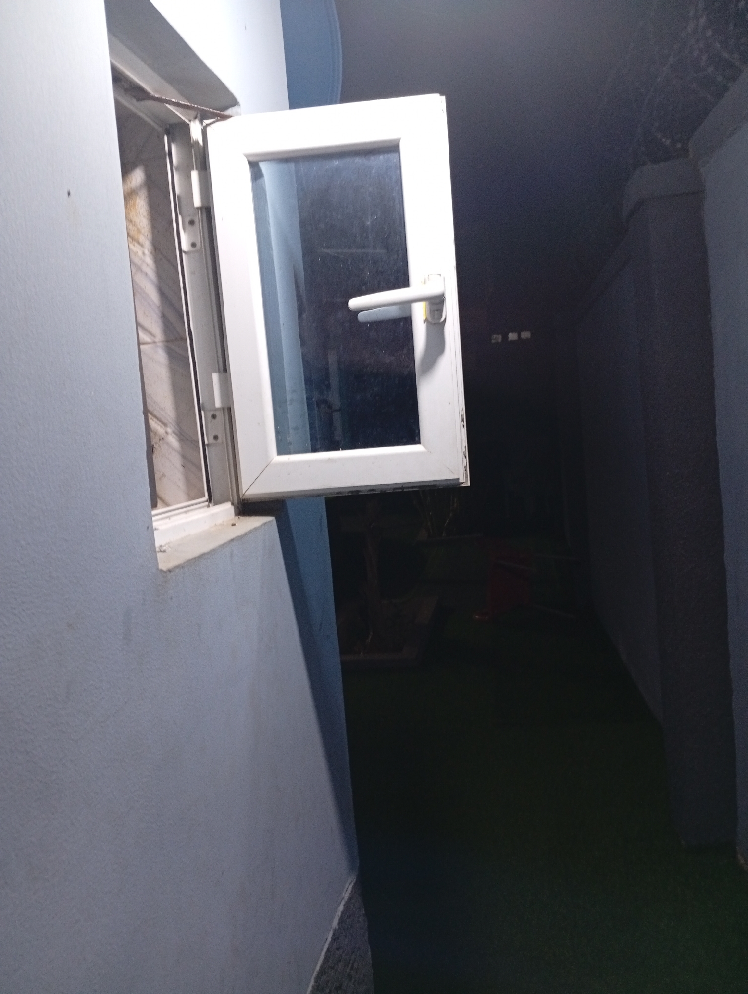 The image shows an open white-framed window in a light-blue wall, situated in what appears to be an outdoor area. The scene is generally dimly lit, with a dark corridor or alley visible through the window. The location is unknown, and cannot be determined by information present in the image. There are no people visible. Objects in the scene include the window, wall, corridor/alley, and possibly some plants or items in the dark area outside the window. No specific actions or interactions are evident from the image. The environment has the characteristics of being either early nighttime or a low-light environment.