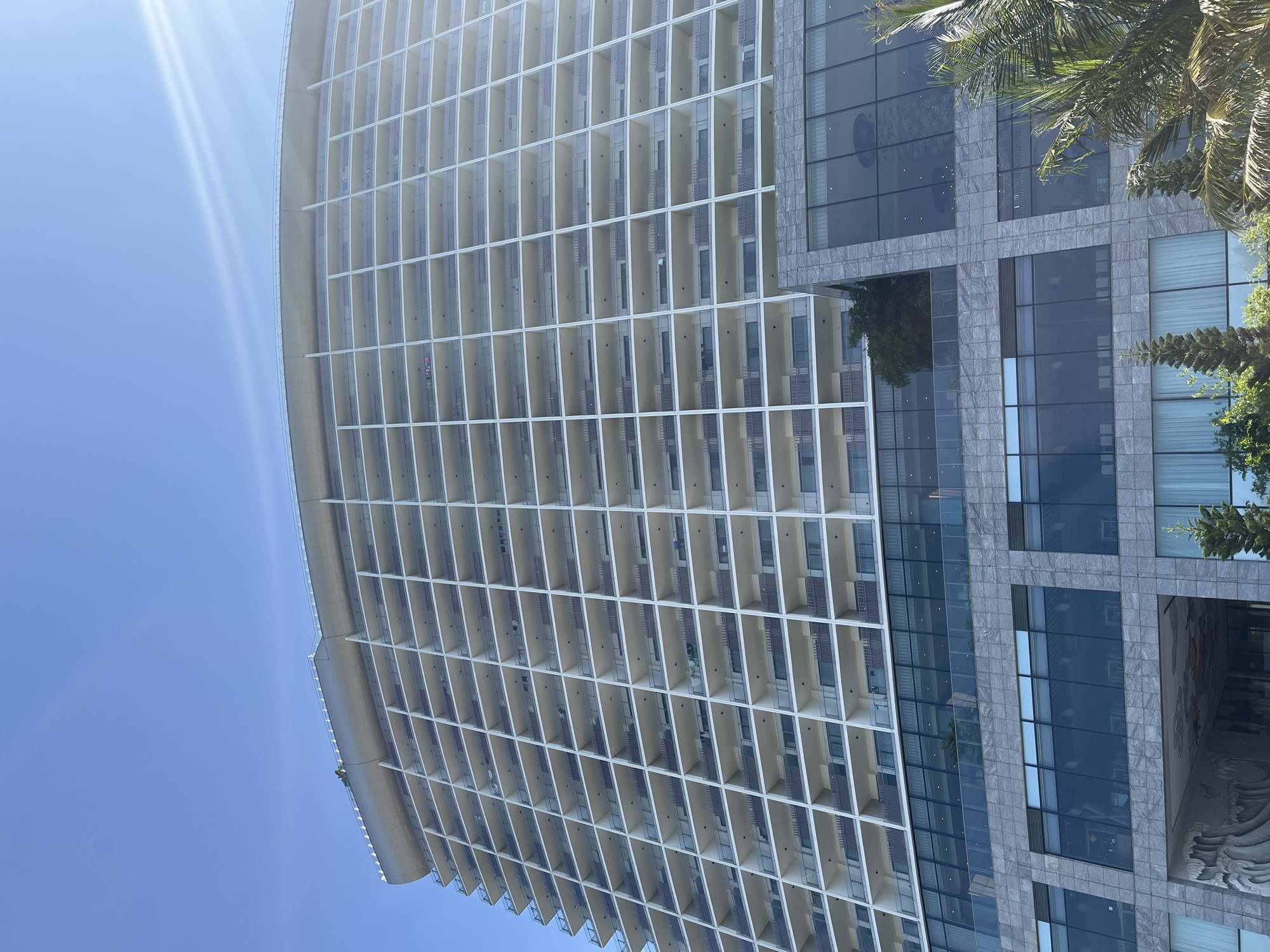 An outdoor, upward-angled view captures a modern architectural complex under a clear, bright blue sky, with strong sunlight creating lens flares in the upper left. The scene depicts a tall, curved building on the left, characterized by a striking grid of uniform, white-framed balconies spanning its entire facade. These balconies feature individual slatted screens or blinds, with faint glimpses of indoor spaces or small objects within.
Adjacent to this curved structure, on the right, stands a more angular building with a darker, textured stone-like cladding and large, reflective rectangular glass windows. Lush green palm fronds extend into the frame from the top and right edges, adding a touch of tropical vegetation. Some greenery is also visible reflected in the glass or growing near the base of the stone-clad building.
A distinctive large, light-colored sculptural element or relief, featuring a dynamic wave-like or cloud-like pattern, is visible on the lower section of the stone building's facade, reflecting in some of the adjacent windows. The architecture suggests a contemporary hotel or resort complex, fitting for its context in Đà Nẵng, Vietnam. The time of day appears to be bright daylight, given the strong sun and shadows. No explicit human activity or visible text can be clearly identified.