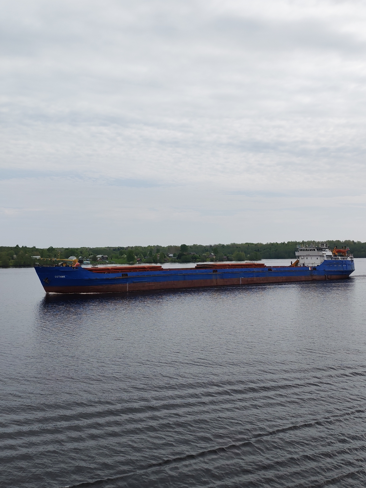 The image depicts a blue and brown cargo ship, named "СОТНИК" (Sotnik), moving through a body of water. The water has ripples, and the sky is overcast with textured clouds. The landscape in the background appears to be wooded with scattered buildings, suggesting a rural or semi-rural environment. The location is presumably near Turtsevo, Russia, based on the information provided. There are no visible people actively engaging in any actions in the image. The main subject is the vessel, which appears to be underway.