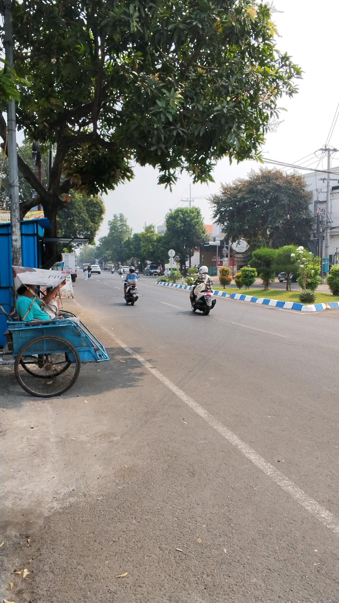 The image depicts a street scene in Banjaragung, Indonesia, on a bright, clear day. On the left side of the road, a blue rickshaw with a canopy is parked, occupied by one person dressed in a teal shirt and another individual whose face is obscured. The rickshaw is positioned on a concrete pavement adjacent to a blue metal structure. A large tree with dense green foliage partially shades the scene.
The street itself is asphalt, with a white line marking the lane divider. Several motorcycles are visible on the road, with two in the foreground. One motorcycle, ridden by a person in a plaid shirt and white helmet, is moving away from the viewer. Another motorcycle, ridden by a person in a blue and white shirt and white helmet, is also moving away from the viewer, further down the road. Other vehicles, including cars and motorcycles, are present in the background, suggesting moderate traffic.
The right side of the road features a median with manicured bushes and trees, bordered by blue and white tiles. Buildings and more trees are visible in the distance. Overhead, power lines are strung across the sky. The overall impression is a typical urban street in Indonesia, with a mix of traditional and modern elements.