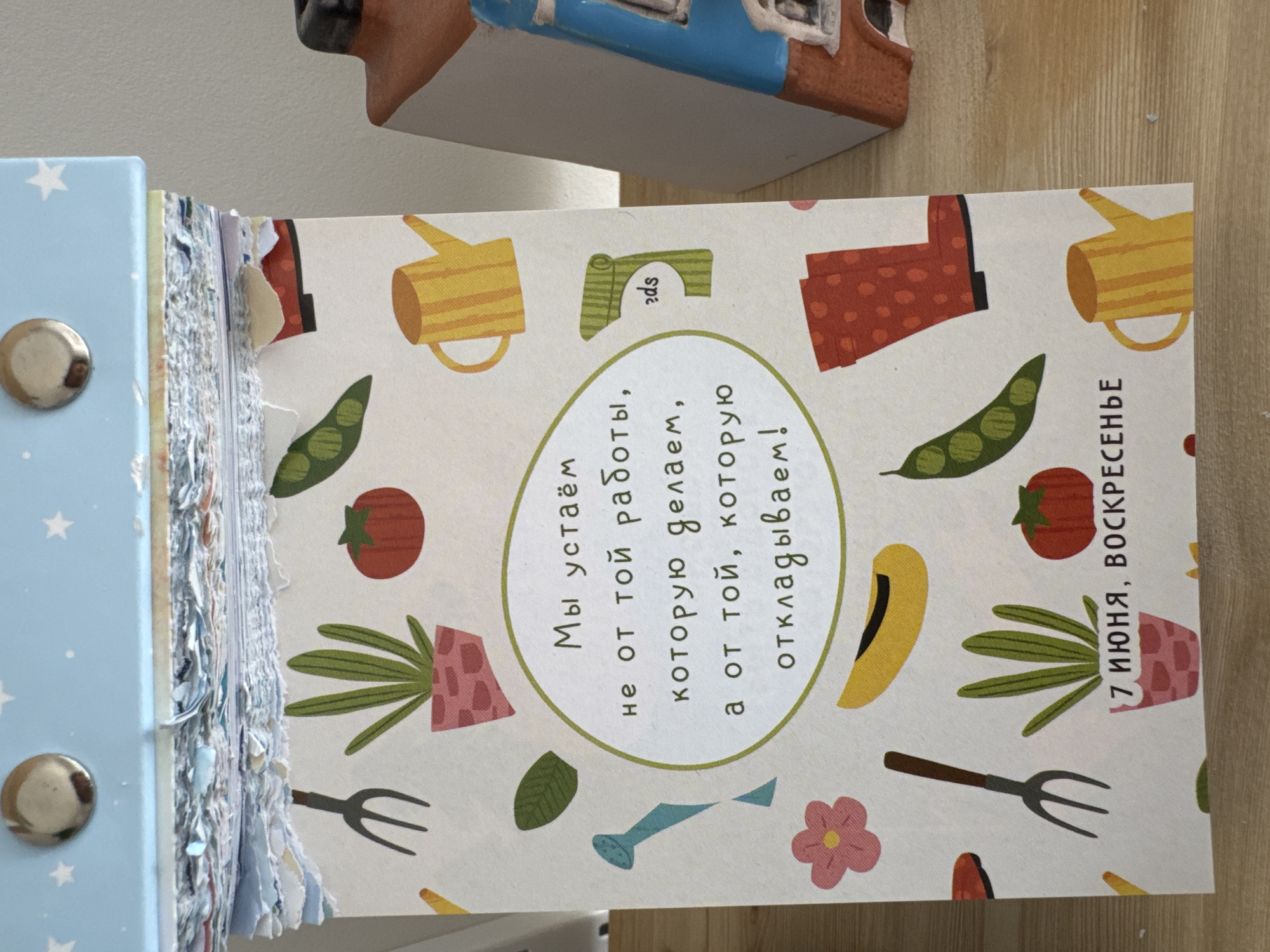In Izhevsk, Russia, a vertical tear-off calendar page or decorative card is centrally positioned, displaying Russian text and colorful gardening-themed illustrations on a light cream background. The main text, enclosed within a green oval, reads "Мы устаём не от той работы, которую делаем, а от той, которую откладываем!" (We get tired not from the work we do, but from the work we put off!). Below, "7 ИЮНЯ, ВОСКРЕСЕНЬЕ" (JUNE 7, SUNDAY) is printed in red. Illustrations include multiple green potted plants, red tomatoes, green pea pods, yellow and blue watering cans, red gardening boots with white polka dots, brown gardening forks, a pink flower, a yellow gardening shoe, and a partially visible green rolled item labeled "rds" (likely seeds). The top edge of the card exhibits multiple torn paper layers, consistent with a tear-off calendar. Above the calendar, a light blue object with white stars and a circular metallic stud is visible. To the right, a partial view of a decorative miniature house or building in blue and brown tones is present. The calendar rests on a light brown wooden surface with a visible grain. The scene is evenly lit.