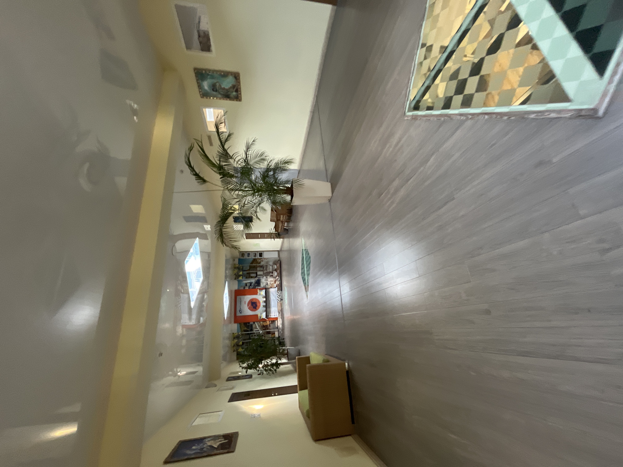 The image shows a long, wide corridor with light yellow walls and a glossy white ceiling. The floor is made of light gray wooden planks. On the left side of the corridor, there is a modern, mustard-colored sofa with green cushions. Further down the corridor, there are several framed pictures on the wall and a large potted palm tree in a white rectangular planter. In the distance, there is a large circular orange and white poster with Cyrillic writing and what appears to be a display or exhibition area with shelves and various items. Natural light streams in from a skylight in the ceiling. In the foreground on the right, part of a table with a reflective surface and a diamond pattern is visible. The corridor appears to be indoors, possibly in a public building such as a hotel, convention center, or museum, in Sochi, Russia. There are no people visible in the image.