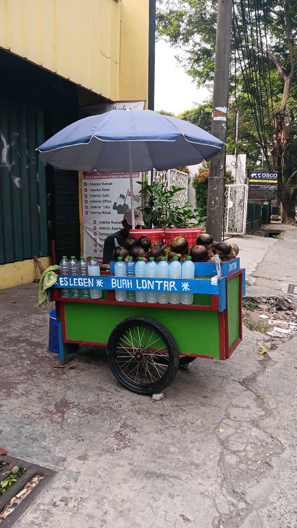 In a street scene in South Jakarta, Indonesia, a green and red mobile cart, selling beverages and fruit, is parked on a cracked concrete sidewalk. The cart is topped with a blue umbrella, offering shade to the goods. Displayed prominently on the cart are numerous clear plastic bottles filled with a light-colored liquid, likely a refreshing drink. Above the bottles, a collection of dark, round fruits, possibly lontar fruits, are arranged. A man wearing a light-colored baseball cap and a dark t-shirt stands behind the cart, appearing to be tending to his business. To the left of the cart, a green and blue cooler is visible, and a cleaning cloth hangs from its side. In the background, a tall utility pole with numerous wires stands adjacent to a building with a yellow facade. Further back, trees with lush green foliage create a natural backdrop. A sign with text in Indonesian is affixed to the cart, indicating the products offered. The overall impression is a snapshot of a street vendor actively engaged in commerce on a typical day.