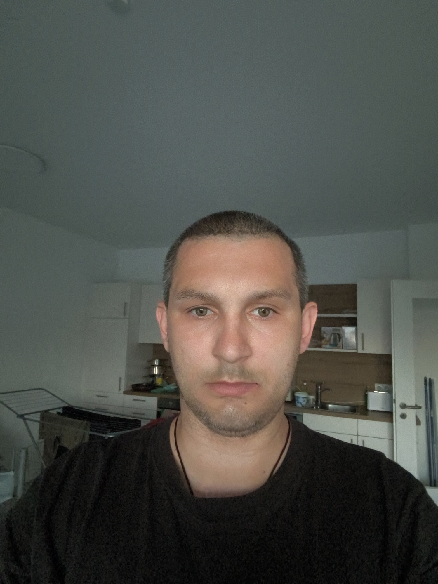 The image is a frontal medium shot of a man with short brown hair and light brown eyes. He is wearing a dark brown, textured sweater. His head is slightly tilted forward, and he has a neutral expression. He is positioned in what appears to be a kitchen or living area, with white cabinets and a countertop visible in the background. A drying rack with laundry is partially visible to the left of the frame. The lighting is dim, suggesting an indoor setting. The image does not provide any specific visual cues to identify the location as Wolgast, Germany.