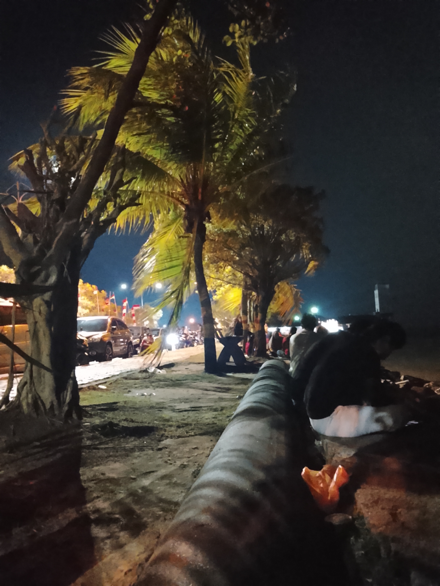 The image depicts a nighttime scene along the waterfront in Tanjung Balai Karimun, Indonesia. The foreground is dominated by a large, textured log or pipe running diagonally across the frame, casting a shadow. Several individuals are seated or lying down on the ground in the midground and background. Some are gathered in groups, appearing to be socializing. In the background, there is a road with vehicles, including cars and motorcycles, illuminated by headlights and streetlights. Palm trees with their fronds lit by artificial light are prominent on the left side of the image. Several flags are visible on poles in the distance, suggesting a public or civic area. The overall atmosphere is relaxed and casual, with people enjoying the evening outdoors.