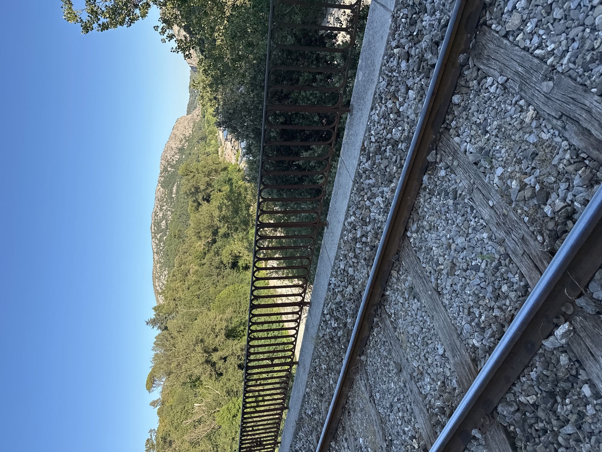 The image captures a view of a rural landscape, likely from a railway bridge, overlooking a river and surrounding hills. In the foreground, a set of train tracks composed of gravel ballast and wooden sleepers runs horizontally across the frame. Beyond the tracks, a decorative iron railing with vertical bars and an arched top separates the railway from a view of a verdant valley. Lush green trees and vegetation cover the slopes of the hills, which recede into the distance. A river is visible winding through the valley, and rocky outcrops and a mountainous terrain form the backdrop under a clear blue sky. The scene is bathed in natural light, suggesting it was taken during the daytime. Based on the context of the original query, this scene is located near the town of Anduze, France, specifically on the viaduct that carries the Cévennes Railway over the Gardon River. No people or animals are visible in the image.