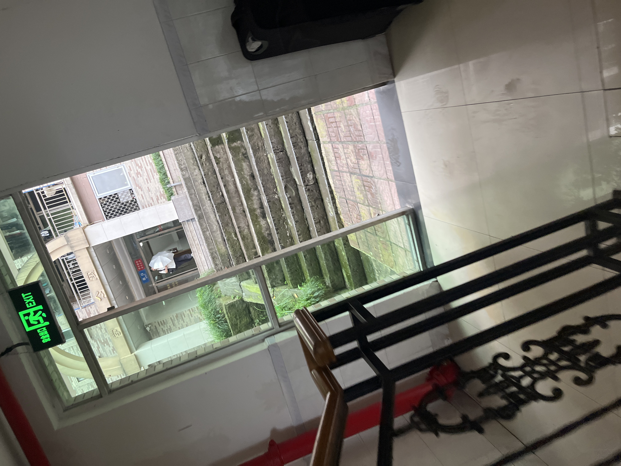 The image captures a view of a residential building's exterior and interior stairway, likely located in the Yuzhong District of China. Through a large glass-paned doorway, an outdoor staircase is visible, leading up to the building's entrance. The stairs are constructed of concrete and appear weathered, with moss growing in the crevices, and are lined with green foliage. The doorway features a prominent green illuminated exit sign displaying "EXIT" in English. Beyond the stairs, a person holding a white umbrella is walking towards the building's entrance. The indoor foreground shows a tiled floor and a black metal railing with a wooden handrail. A red pipe is also visible along the interior wall. The overall scene suggests a slightly damp or humid environment.