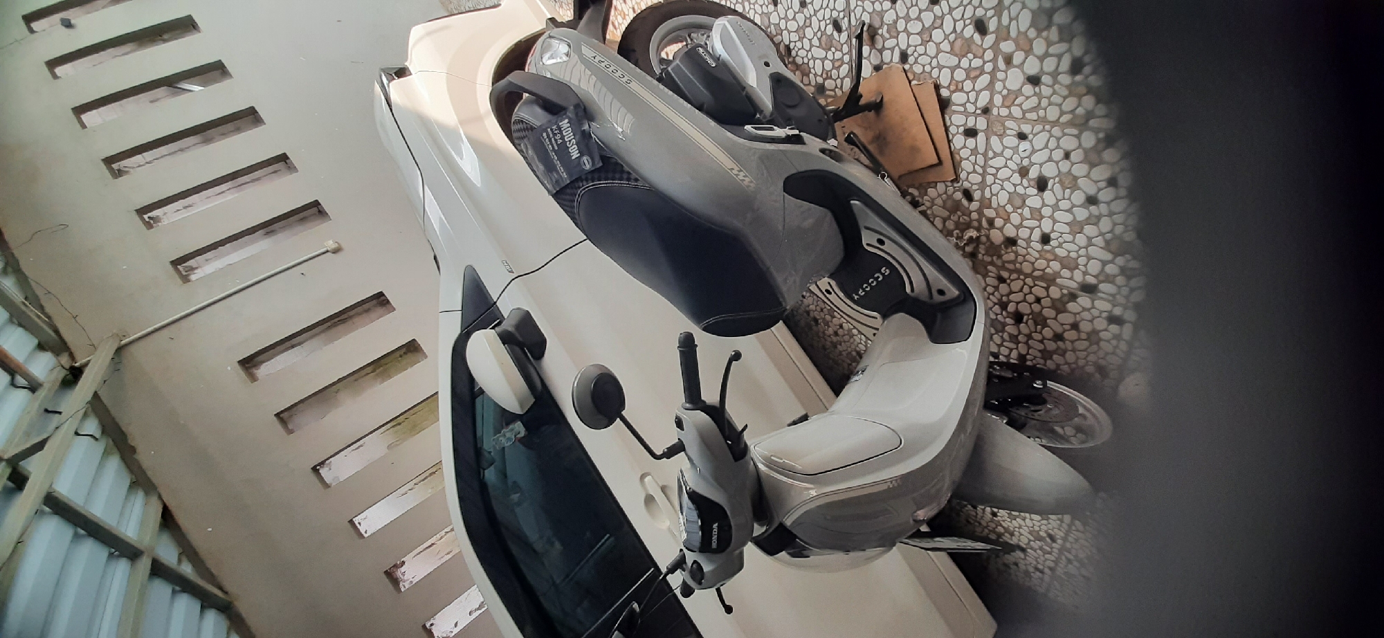 A light-colored Honda Scoopy motorcycle is parked next to a white car in what appears to be a garage or carport. The motorcycle is positioned on the right side of the image, angled slightly towards the viewer. It has a light gray body with black accents, including the seat and handlebars. A black bag with white text, possibly a mask or filter, is placed on the seat. The car, a white sedan, is visible on the left side of the image, partially obscuring the motorcycle. The environment features a textured floor made of small, rounded stones and a wall with vertical rectangular openings, typical of some Indonesian architecture. The roof structure above is visible, made of corrugated metal and exposed beams. The scene is outdoors or semi-outdoors, under a covered area. The image suggests a residential setting in Cisauk, Indonesia, likely a private garage.