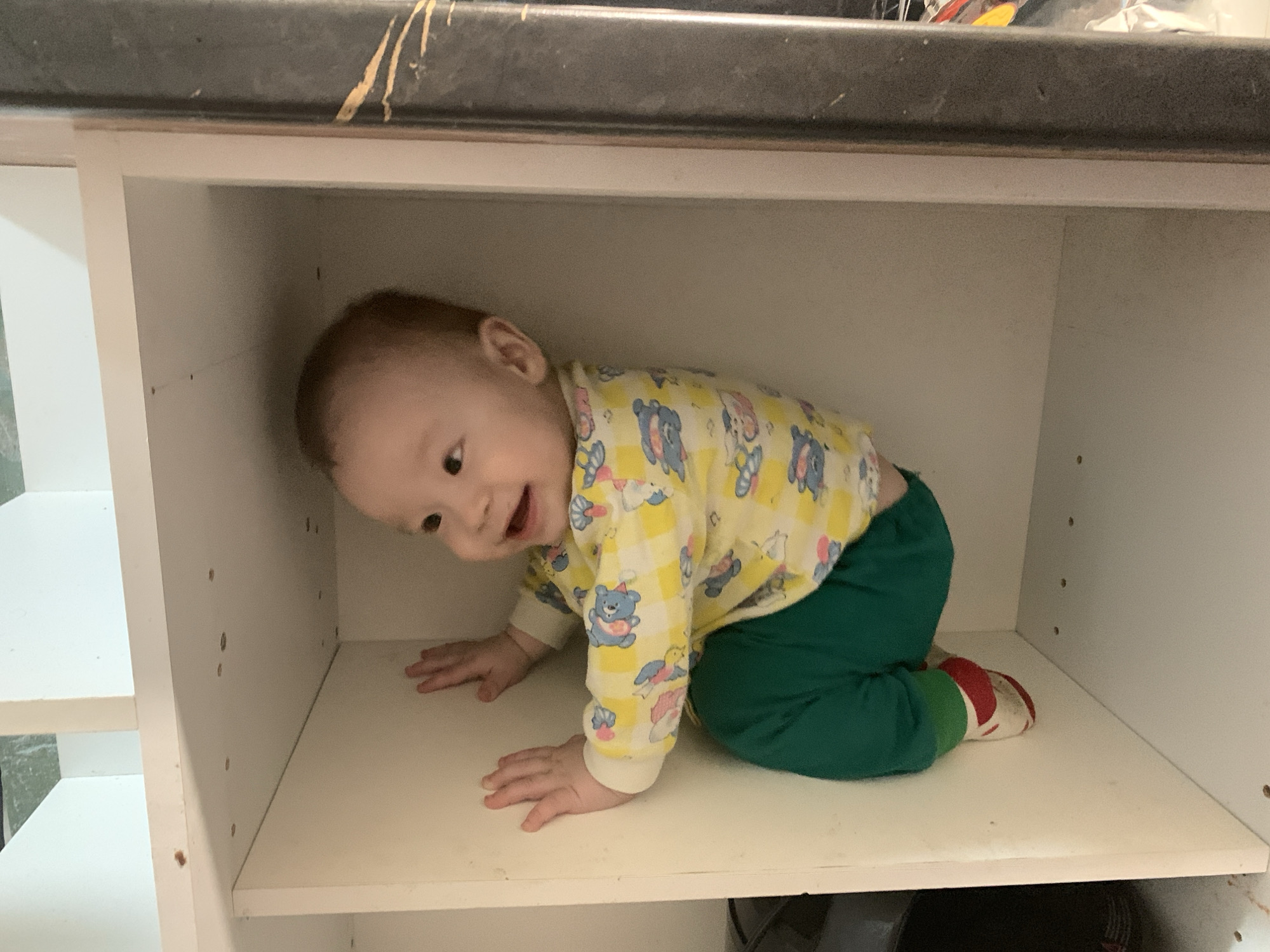 A baby is crawling inside a white cabinet. The baby is wearing a yellow shirt with animal patterns and green pants, with a red and white shoe visible on its right foot. The background is the interior of the cabinet, with visible shelf adjustment holes. The location is not possible to determine based on the image.
