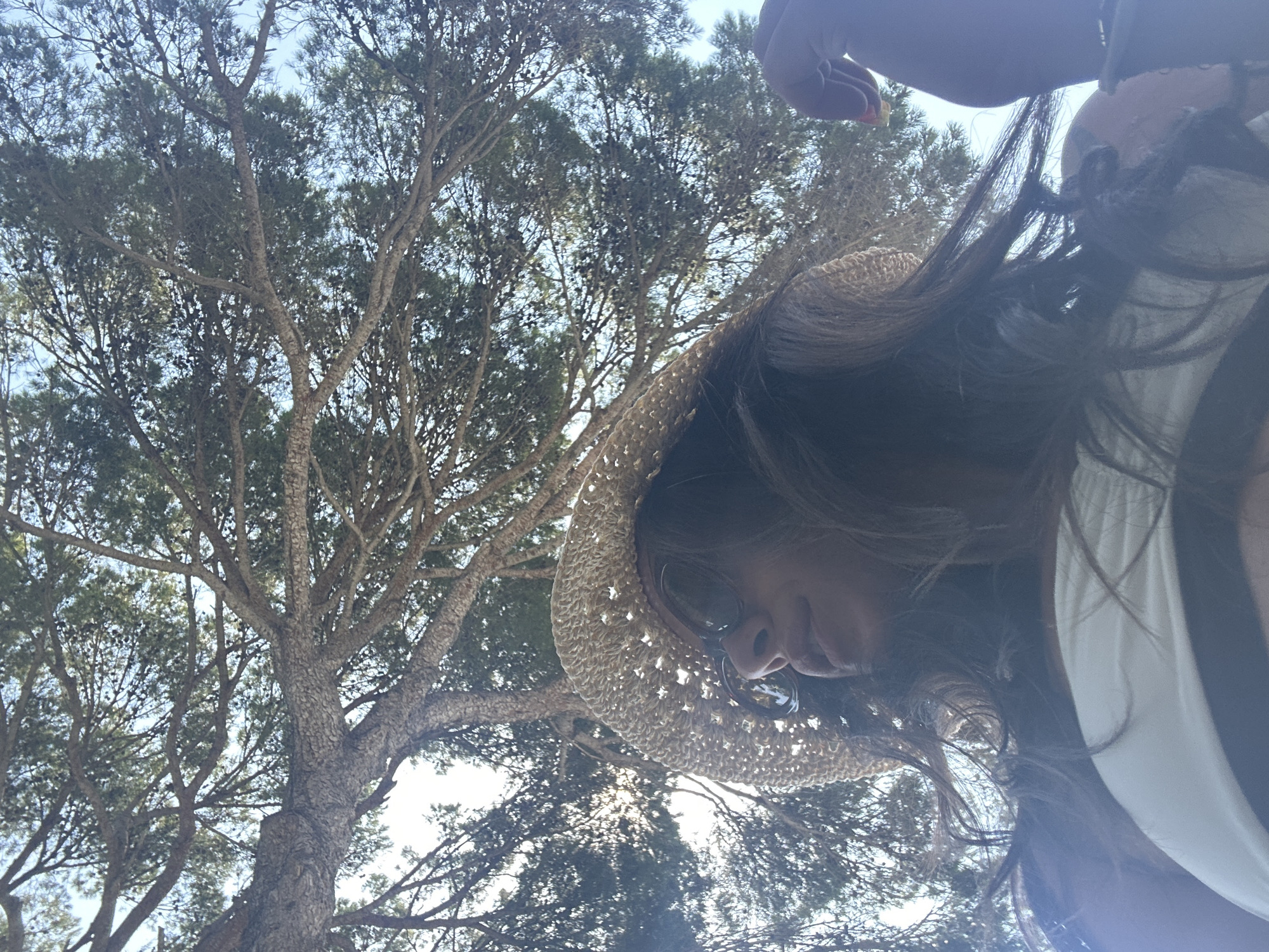 A low-angle, close-up shot shows a person wearing a straw hat and sunglasses, looking upwards. The person's long, dark hair is visible. They appear to be wearing a white swimsuit top. Above them, the branches and needles of a large pine tree are silhouetted against a bright sky. The scene is lit by sunlight filtering through the tree canopy. The image does not contain any information about the location in Costa Des Pins, Spain.