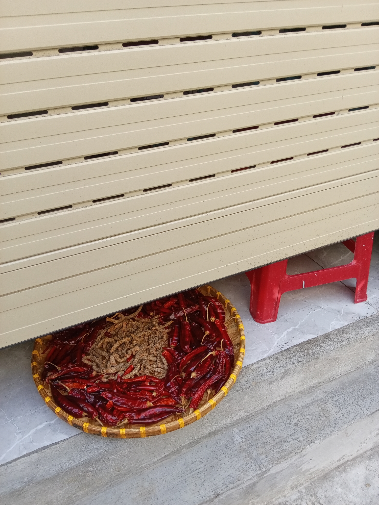 Captured in Bắc Nha Trang, Vietnam, a low-angle shot reveals a partially lowered, beige-colored rolling shutter. Beneath it sits a woven round tray filled with red chili peppers and a pile of unidentified brown strands. Adjacent to the tray is a red plastic stool with a visible white smudge on its side. The flooring consists of patterned gray tiles. The scene is static, with no apparent human presence or action.