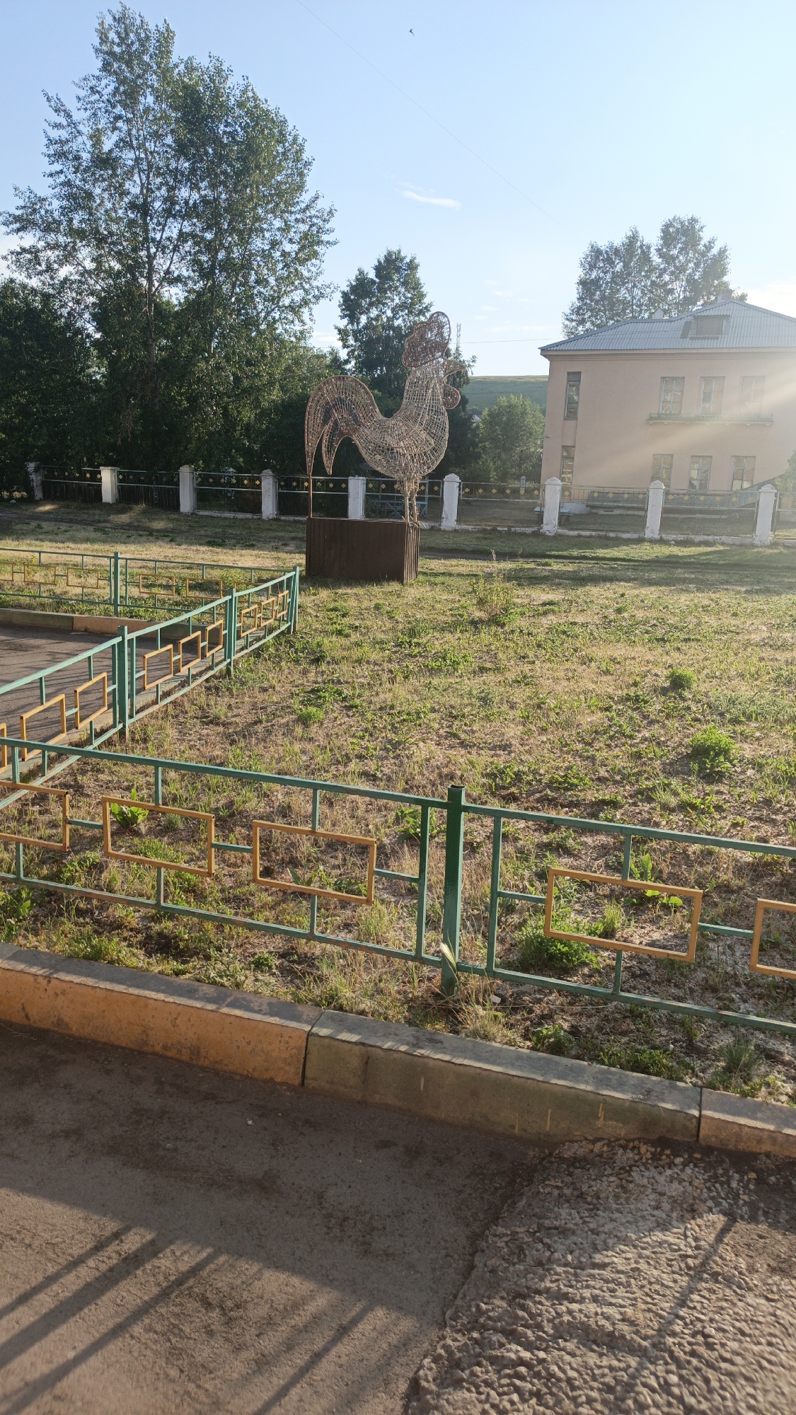 A large, decorative wire rooster sculpture stands in a grassy area. The rooster is made of intertwined wire, forming its shape. It is positioned on top of a dark brown, wooden structure, possibly a planter box or display base.
Behind the rooster, a light-colored, two-story building with multiple windows is visible. The sun is shining brightly, casting lens flare on the right side of the building and creating long shadows on the paved area in the foreground. A green metal fence with yellow rectangular accents surrounds a portion of the grassy area, separating it from a paved walkway. Trees with lush green foliage are present in the background, and a clear blue sky with a faint line stretching across it suggests it's daytime.
The scene appears to be an outdoor public space, possibly a park or a schoolyard, given the fence and the building. The lighting suggests it is either early morning or late afternoon, characterized by the warm sunlight and extended shadows. The overall atmosphere is peaceful and bright. No people are visible in the image. There is no visible text. The location context provided is Svirsk, Russia.