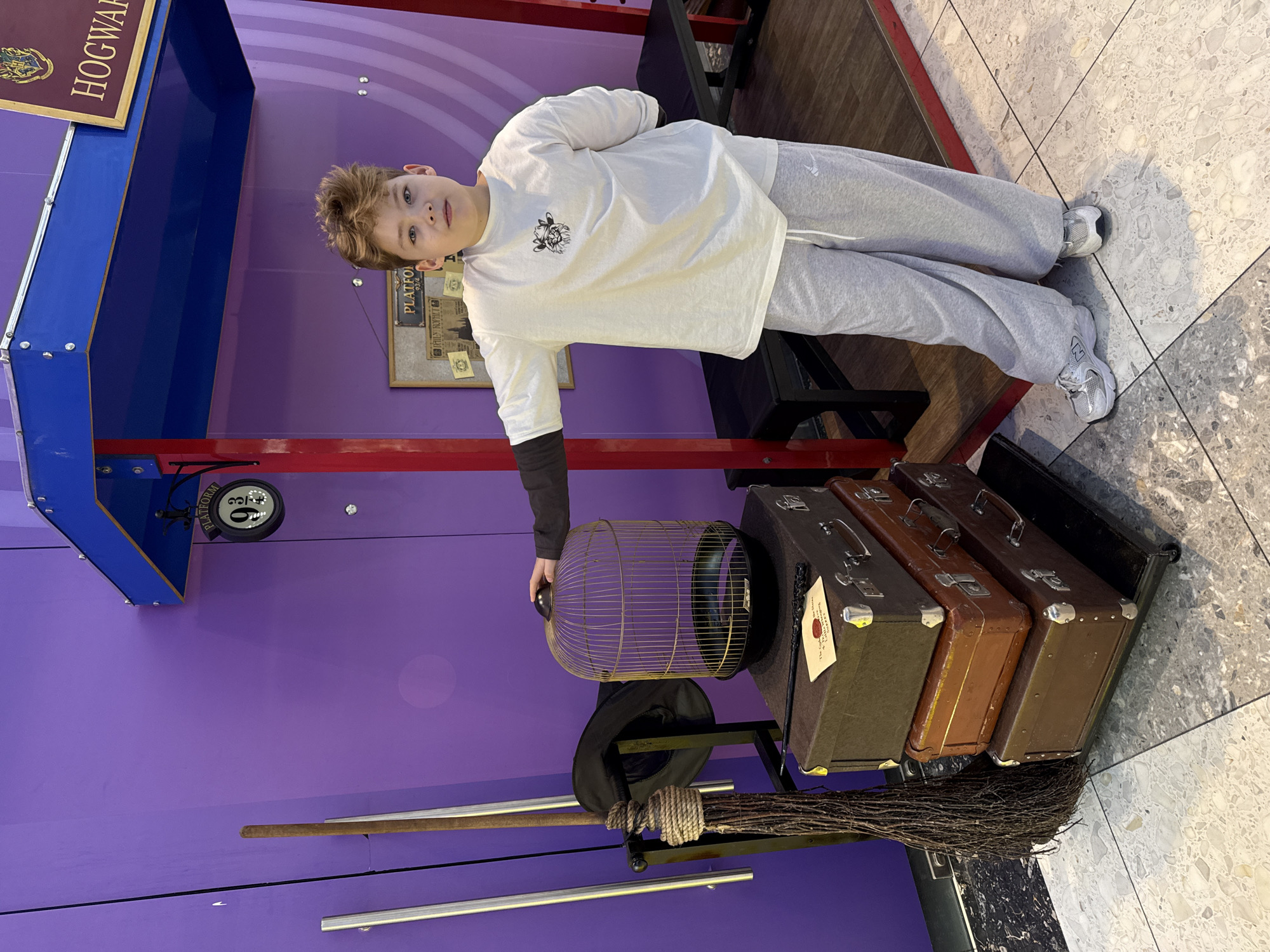 A medium shot captures a young boy, positioned at the center of the image, in a setting that seems to be a Harry Potter-themed display. The boy is wearing a long-sleeved white shirt with a small graphic on the front, paired with grey sweatpants and white sneakers. He is looking directly at the camera with a neutral expression.
The backdrop is a purple wall, and on the left side, there is a partial view of a structure that resembles a train platform with the word "Hogwarts" visible. Below the platform, there is a sign that reads "Platform 9 3/4."
In front of the boy, there is a display of Harry Potter-related items, including a birdcage, a wizard's hat, a stack of vintage suitcases, and a broom. The boy's hand is near the birdcage, as if he is interacting with the display.
The floor has a marbled pattern, and in the background, there are hints of other elements, such as benches or stands, that suggest this is a public space or exhibit.
There is no indication of the location being in the city of Родниковское сельское поселение, Ukraine, or any other specific location. The image is a scene that might be found in a themed exhibit or a Harry Potter event.