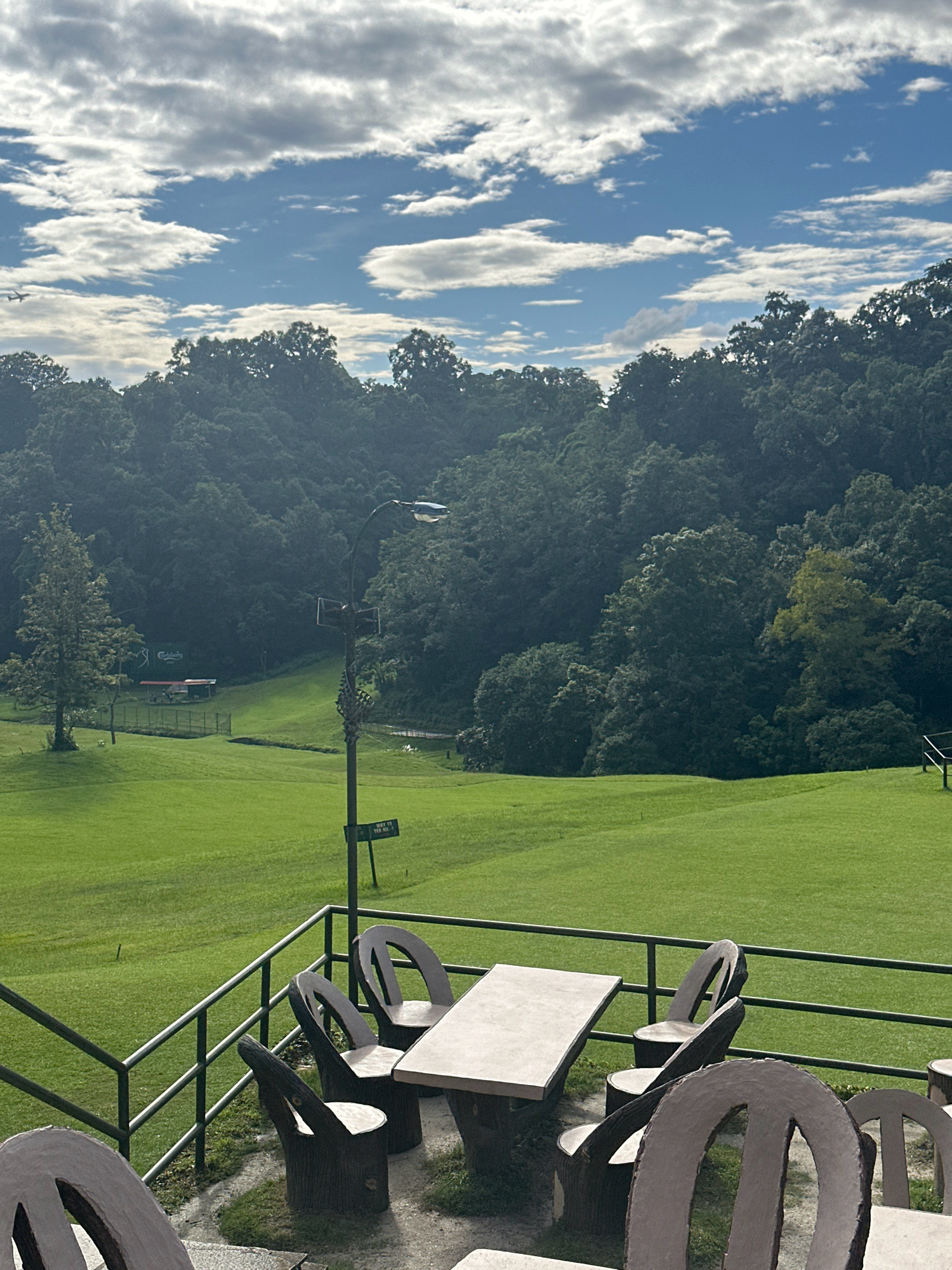 An outdoor seating area with unique log-shaped chairs and a table is situated on a raised patio overlooking a lush green landscape. Beyond the patio, a vast expanse of meticulously maintained green grass stretches towards a dense forest that covers rolling hills. A solitary light pole stands prominently in the middle ground, with a signpost indicating "WAY 19 TEE NO. 1". In the far distance, a building with a green roof and a Carlsberg advertisement can be seen nestled amongst the trees. The sky above is a mix of blue and white clouds, with a faint outline of an airplane visible in the upper left corner. The overall impression is one of tranquility and natural beauty, suggesting a golf course or a similar recreational area.