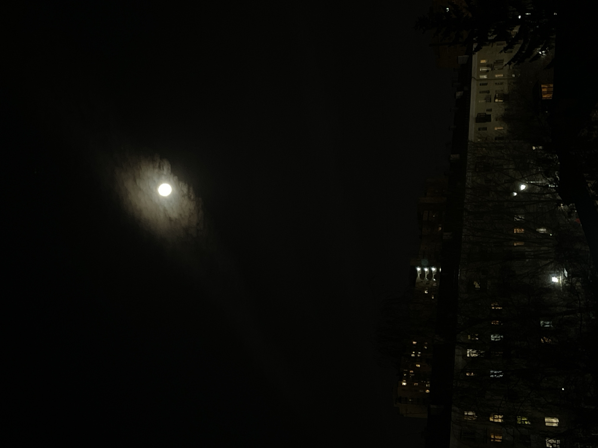 The image depicts a night scene in Yekaterinburg, Russia. A full moon is visible through a thin layer of clouds in the dark sky. To the right of the frame, a tall apartment building is partially obscured by tree branches, with lights from several windows illuminating the building. Street lights can be seen.
