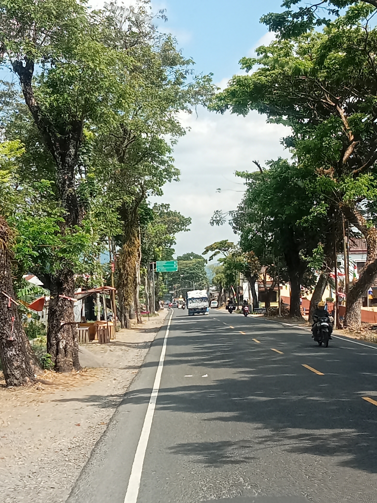 This image depicts a sunny street scene in Selokromo, Indonesia. A paved road with a white lane divider and yellow dashed lines runs through the center of the frame. On the left side of the road, a sandy shoulder is lined with large trees with thick trunks and lush green foliage, casting shadows on the ground. A small wooden stall with an orange roof is visible near the trees. On the right side of the road, more large trees with dense canopies are present, with buildings and other vegetation visible behind them. Several vehicles are present on the road. A white bus with its headlights on is in the distance. To the right of the bus, two motorcycles are traveling in the same direction. Further down the road, another motorcycle is visible, with a rider wearing a yellow helmet. The sky is blue with scattered white clouds. A green signpost is visible on the right side of the road, pointing to the left. The overall impression is one of a typical day on a tree-lined road in an Indonesian town.