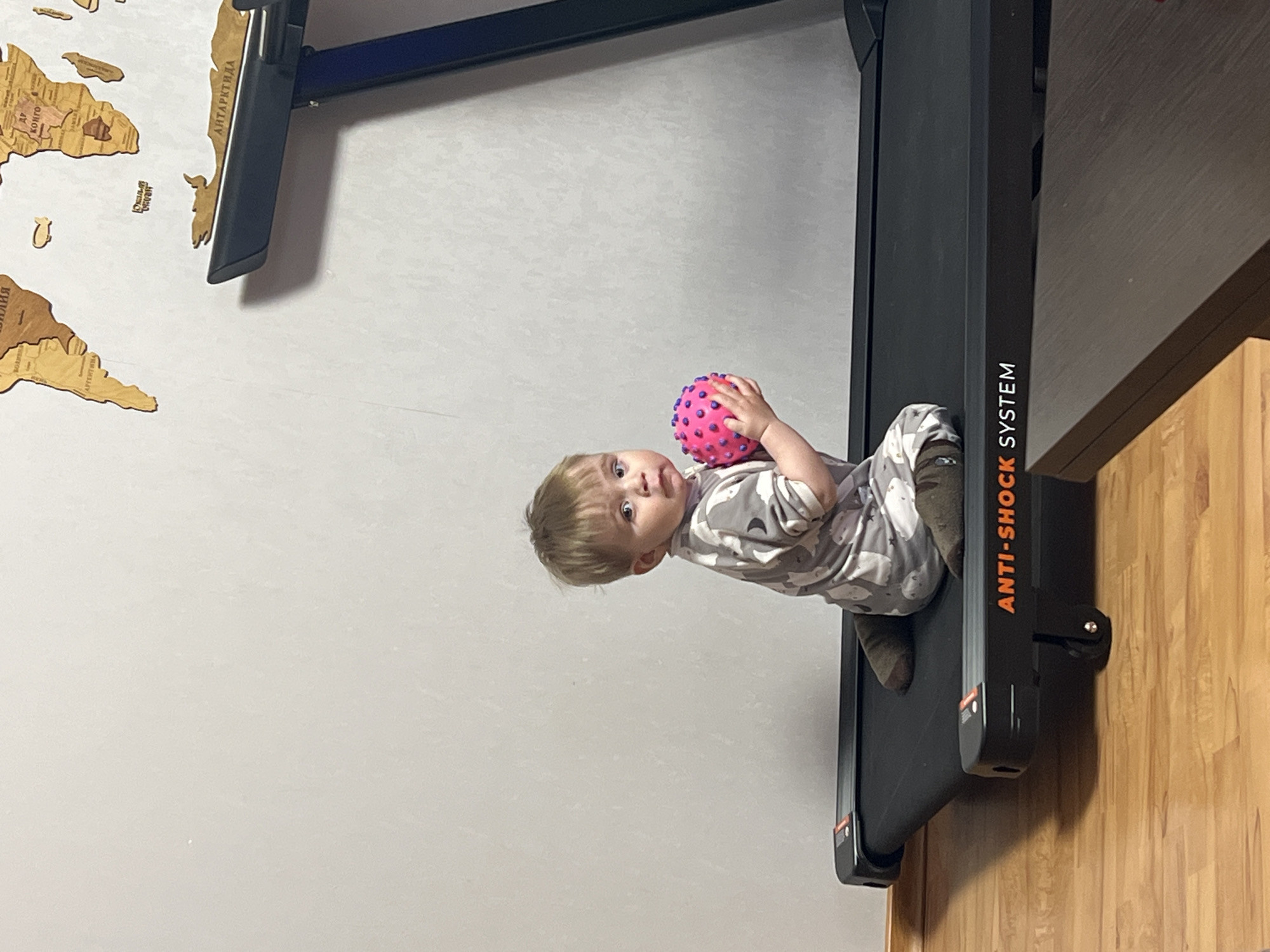 A young child, likely a toddler with light-colored hair, is positioned on a folded-up black treadmill in an indoor setting. The child wears a gray and white patterned outfit and dark footwear, holding a bright pink spiky ball with purple details. They are looking directly at the camera with wide, curious eyes.
The treadmill stands vertically against a light gray wall. Orange text "ANTI-SHOCK SYSTEM" is visible along its side. To the left, a large, decorative wooden world map adorns the wall, featuring continents and country names inscribed in Cyrillic. Visible names include "АНТАРКТИДА" (Antarctica), "КОНГО" (Congo), and "БРАЗИЛИЯ" (Brazil). The floor is made of light brown wooden planks. The lighting suggests it is daytime. The child's expression conveys curiosity or slight surprise. The Cyrillic text on the map is consistent with the location context of Perm, Russia.