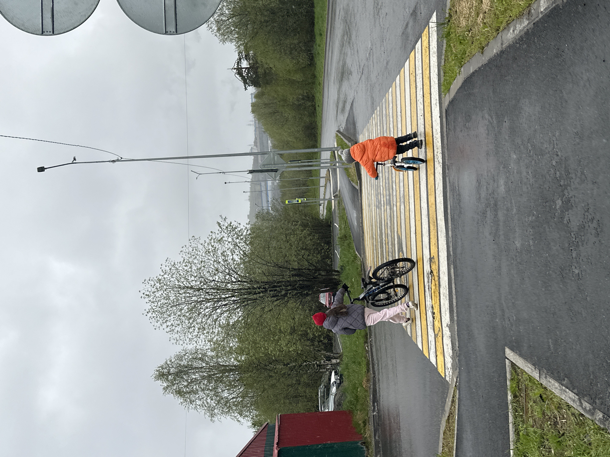 Two individuals, possibly children, are on a pedestrian crossing in an urban environment. One, in an orange jacket and grey hat, is bent over a child's bicycle. The other, in a grey jacket and red hat, holds a larger bicycle, walking across the crossing. The surroundings are wet, with trees and buildings visible in the background, indicating a city location. Overhead are street signs and wires.