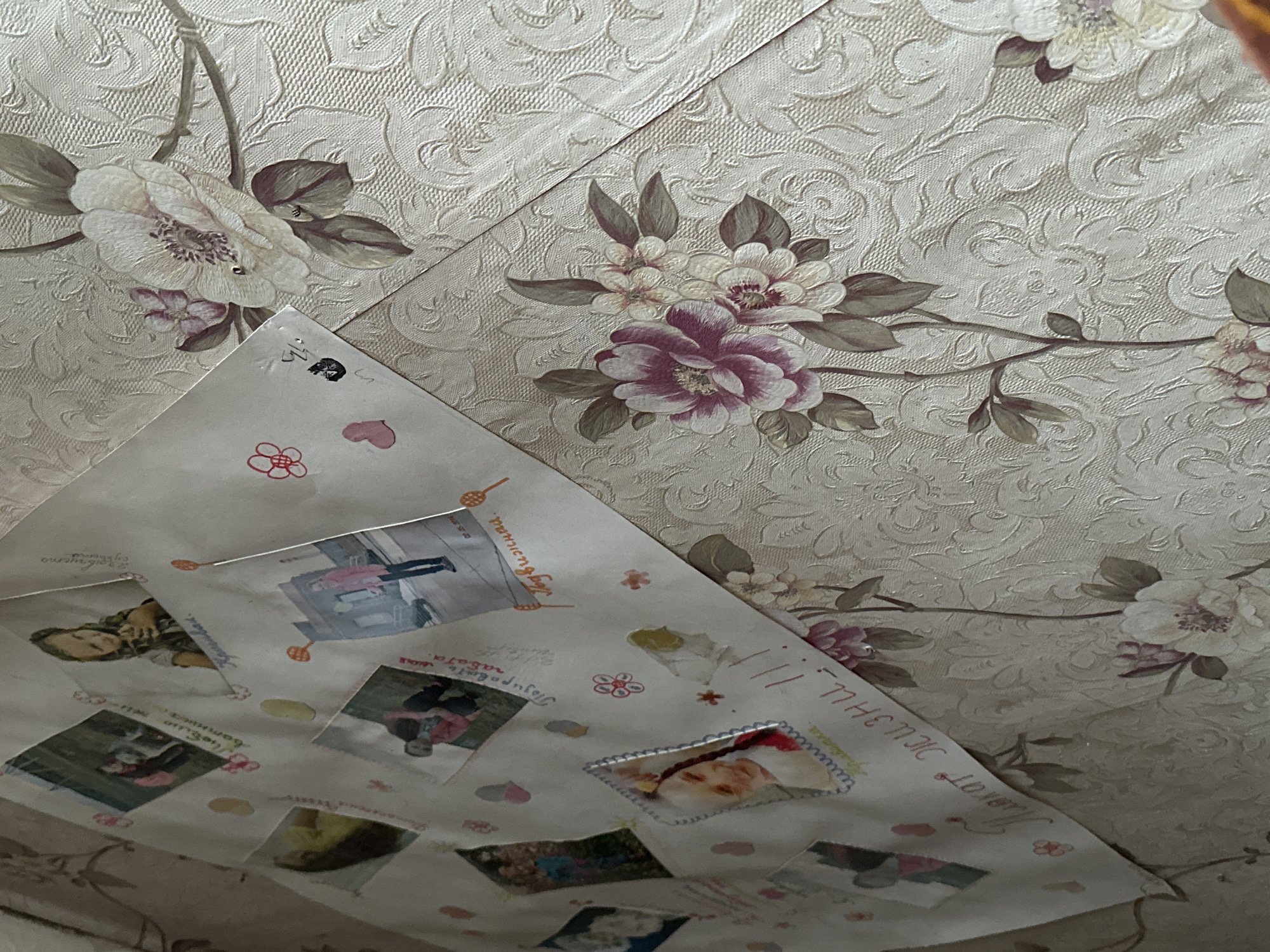 The image shows a section of patterned wallpaper in a room, likely an apartment or house. The wallpaper is predominantly a light beige color and features a repeating floral design with large white and purple flowers and detailed leaves.
Positioned in the foreground is a piece of paper or card, partially obscuring the wallpaper. This paper appears to be decorated with small photographs, possibly of a child, and handwritten text in a language other than English, potentially Russian, due to the Cyrillic script. There are also small decorative elements like hearts and flower drawings on the paper.
The location is not evident from the image itself, and it cannot be conclusively identified as Chaikovsky, Russia without additional information or evidence. The only possible link to this city is the Cyrillic script, which is common in Russia, but not unique to Chaikovsky.