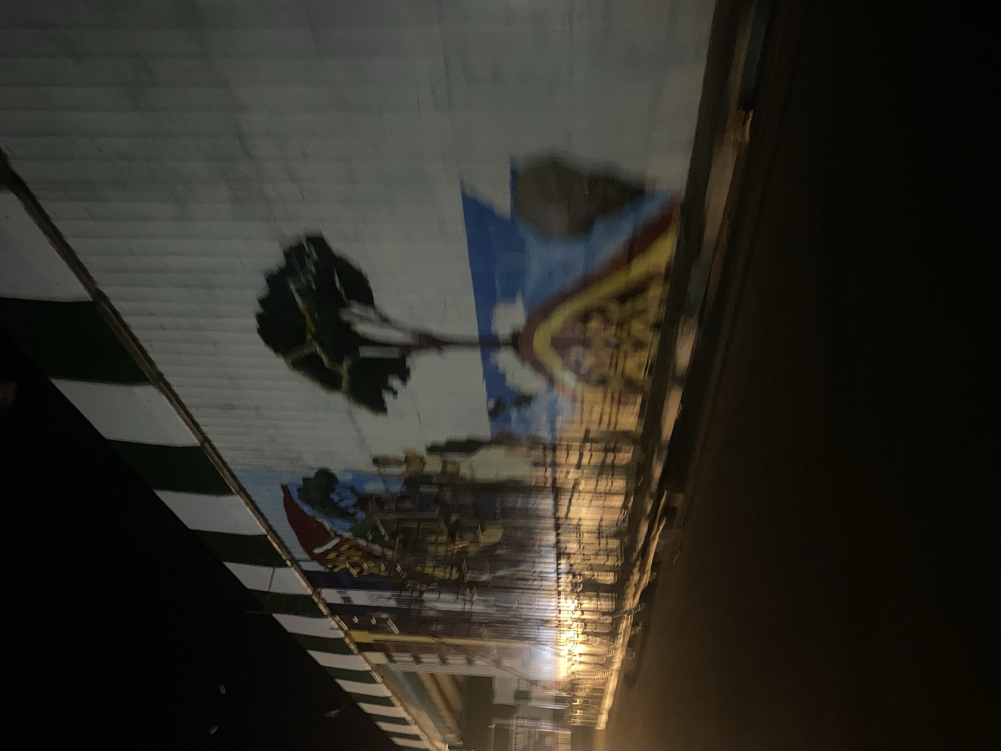 The image depicts a mural painted on the side of a bridge or elevated structure, likely in Jalingo, Nigeria, at night. The mural features a stylized landscape with a prominent tree and a cluster of buildings or structures on the left. The colors of the mural, particularly the blues and yellows, are vibrant, contrasting with the muted tones of the concrete wall. Lights from street lamps or passing vehicles illuminate the scene, creating reflections on the mural and the road surface, suggesting a motion blur due to movement during photography. The overall impression is that of urban art viewed from a moving vehicle at night.