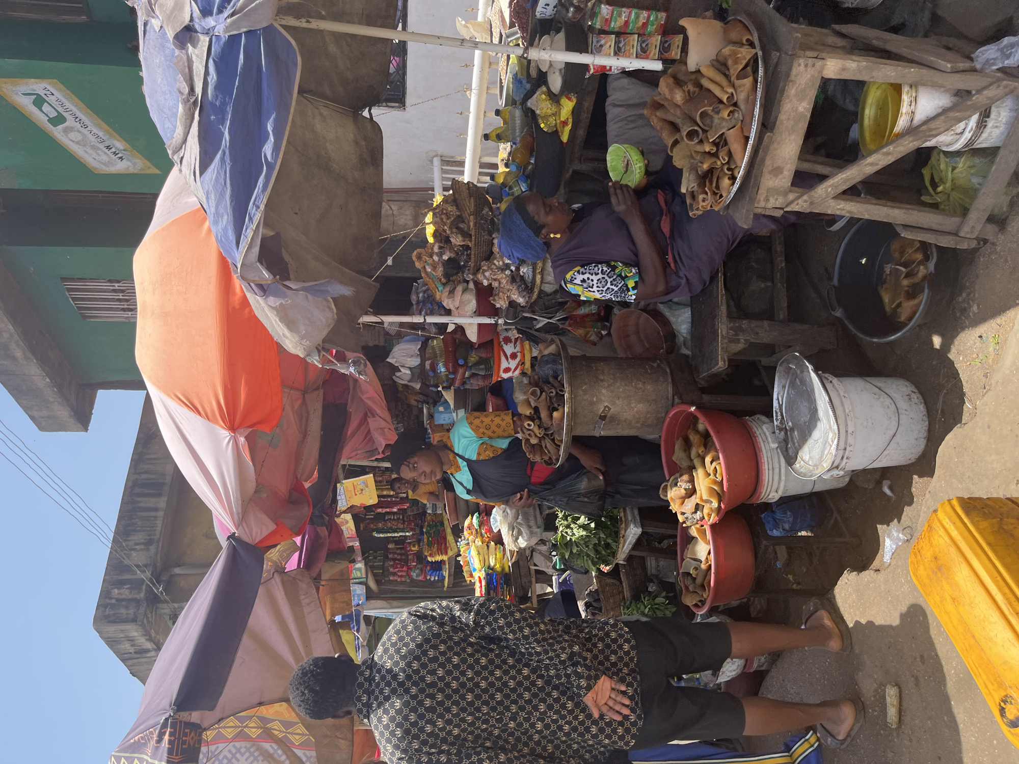 The image depicts a busy outdoor market scene in Jos, Nigeria. The scene is filled with stalls selling various goods, including what appear to be dried animal products, packaged food items, and produce. Several people are visible, including women who appear to be vendors and customers. One woman is seen sitting behind a stall laden with items, while another is standing and appears to be attending to a customer. The market is covered by tarpaulins and umbrellas, suggesting it is likely daytime and potentially sunny, given the bright lighting and distinct shadows. The ground is a mix of dirt and pavement.
In the foreground, a person is seen from the back, wearing a black and gold patterned shirt and black shorts. They are wearing flip-flops.
Various objects are scattered throughout the market, including buckets, crates, and bags of goods. The stalls are densely packed with merchandise, creating a vibrant and cluttered atmosphere. Some of the packaging on the food items has visible text, though it is not clearly legible. One piece of cloth draped over a stall has text that reads "WWW.Easy.Gov.Africa.ZA" along with a logo. The overall impression is one of lively commerce and daily life in a Nigerian market.