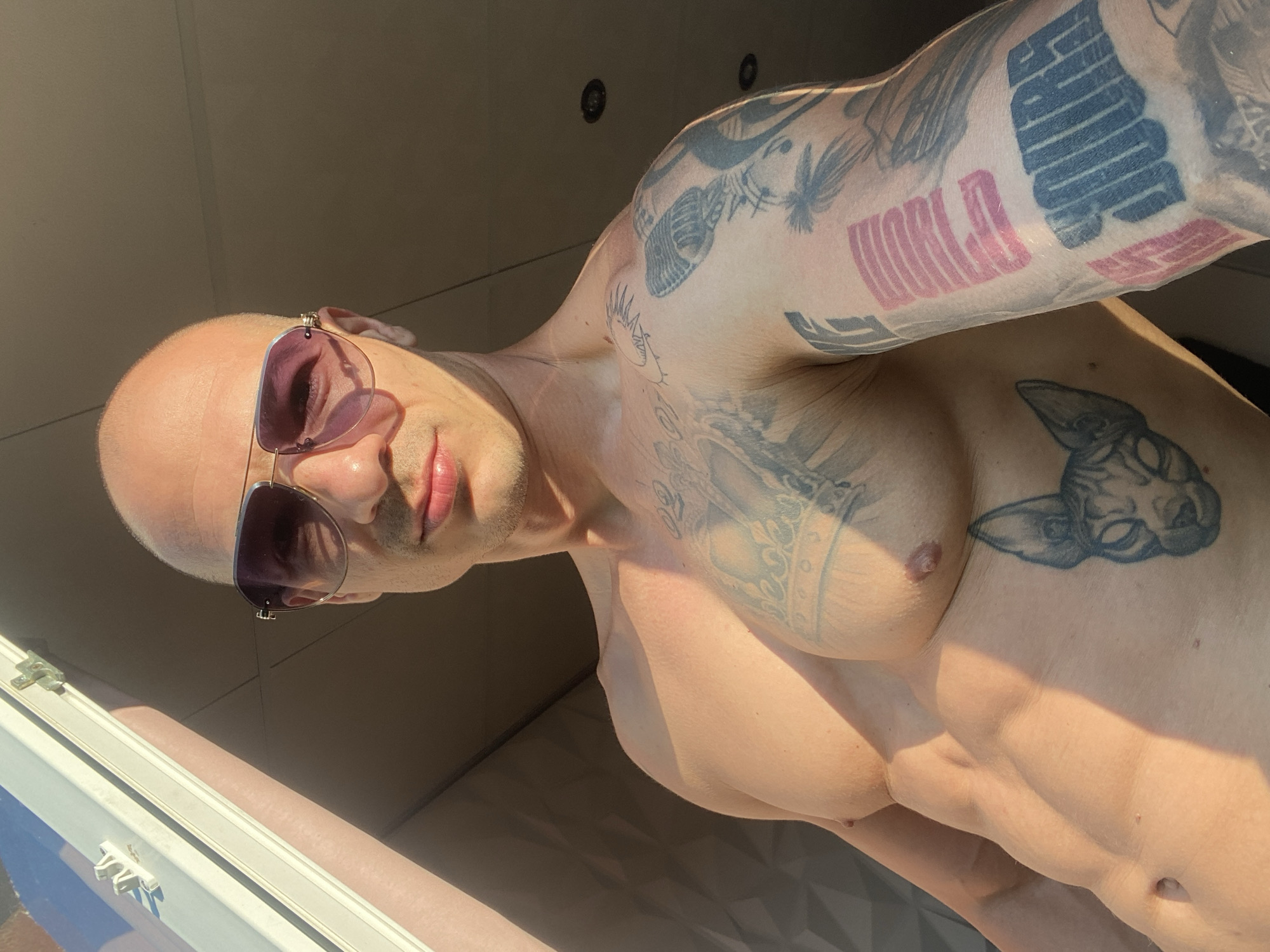 A bald, muscular man with tattoos is posing shirtless in front of a window. He is wearing sunglasses. The scene appears to be indoors, with sunlight streaming in from the window, casting shadows on the wall behind him. The man's body is well-defined, with visible abdominal muscles. The tattoos on his chest and arms are intricate and detailed. The overall impression is one of a fitness-conscious individual enjoying a sunny day. There is no indication of the specific location being Pleven, Bulgaria.