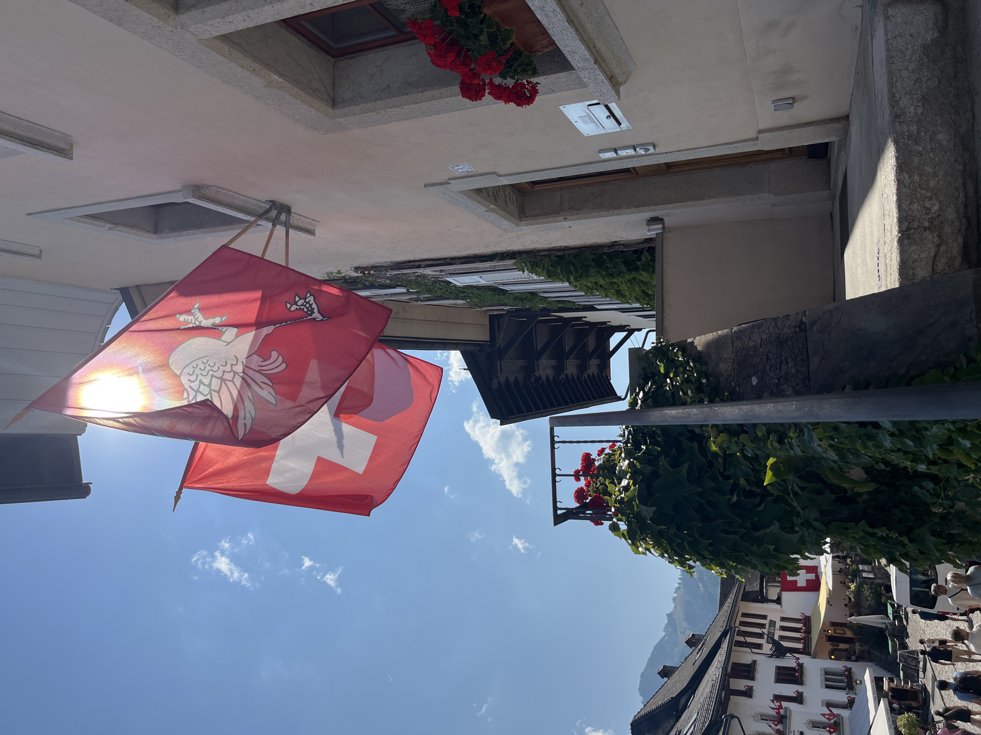 The image captures a street scene in Epagny, Switzerland, under a clear blue sky with scattered clouds. Two flags are prominently displayed on a building. The flag on the left is the Swiss flag, a white cross on a red background. The flag on the right, also red, features a detailed emblem of a bird with spread wings, likely a heraldic crest. The sun shines brightly through the right flag, creating a lens flare effect.
The building itself is light-colored, with stone trim around a window and an entrance. Red geraniums are blooming in a pot on the windowsill. The street below is paved, and several people are walking along it. To the left, buildings with white facades and dark-tiled roofs line the street, with more Swiss flags visible on some of them. Green ivy covers a stone wall and a railing in the foreground. In the background, mountains are visible, suggesting a mountainous region. The overall impression is a picturesque and sunny day in a Swiss town.