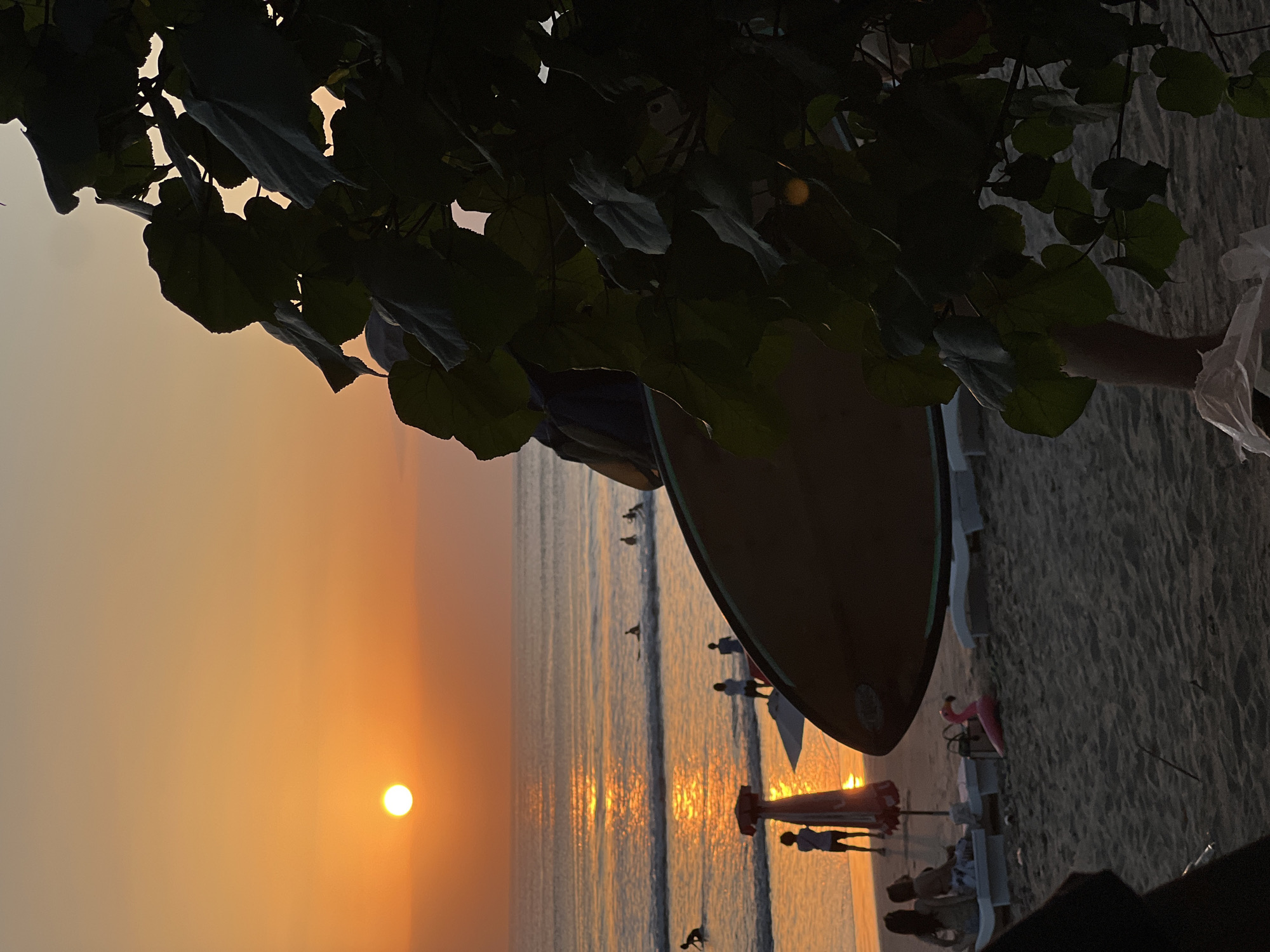 At sunset on Kuta Beach, Bali, Indonesia, the sun casts a warm orange glow over the ocean and the sand. Several surfers are in the water, riding waves as the sun sets. On the beach, people are relaxing, some sitting on lounge chairs and others standing. A pink inflatable flamingo sits on the sand. A surfboard is propped up on the beach in the foreground. The scene is framed by the silhouette of a tree with large leaves.