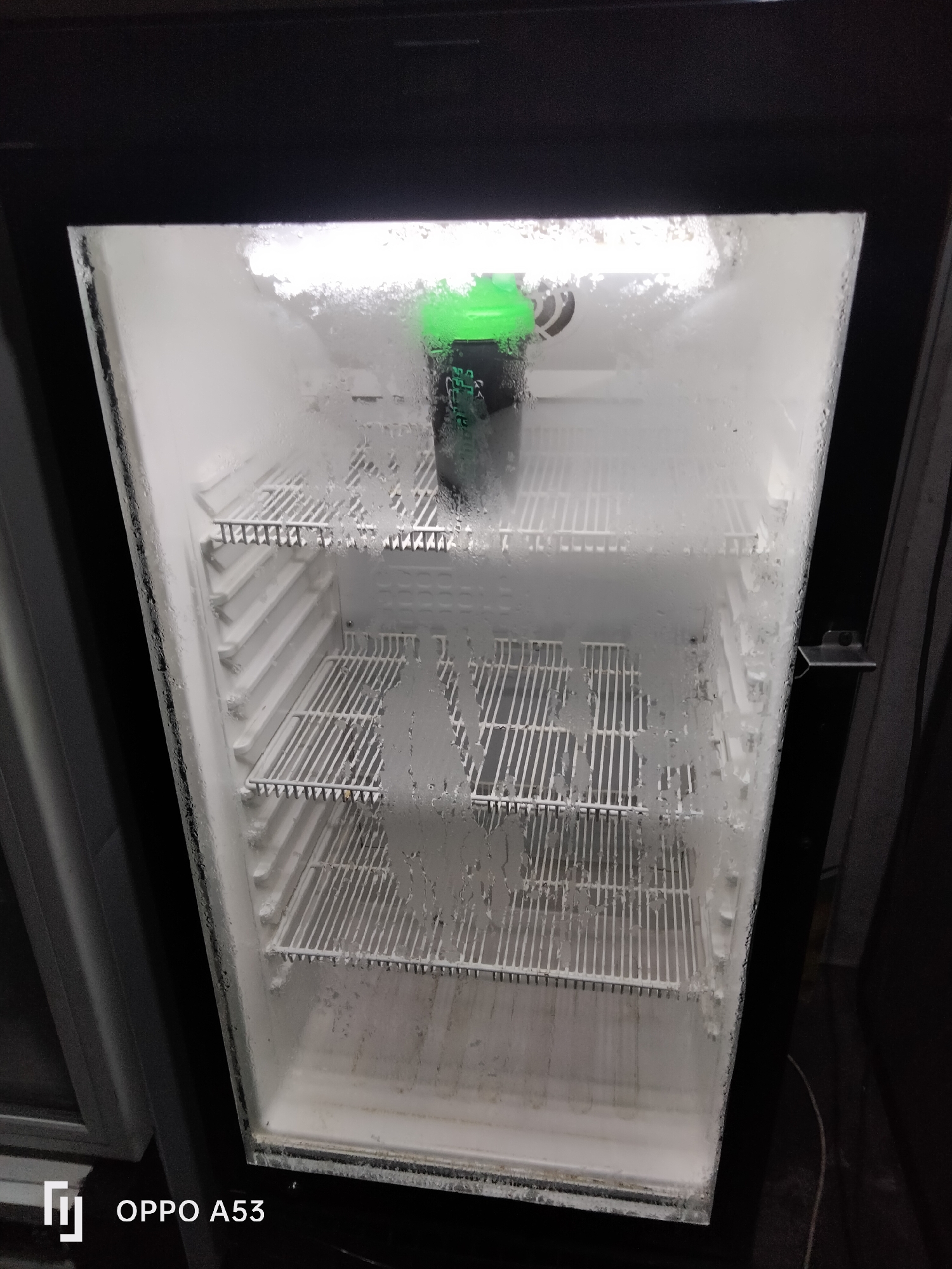 An indoor shot shows the inside of a refrigerator, likely in a residence or commercial establishment in Denpasar, Indonesia. The interior is covered in frost and condensation, obscuring the shelves and the back wall. A single green shaker bottle is visible on the top shelf, with its lid a darker shade. The refrigerator door is open, revealing the full interior. The lighting suggests an artificial light source within the refrigerator compartment. The timestamp "OPPO A53" is visible in the bottom left corner.