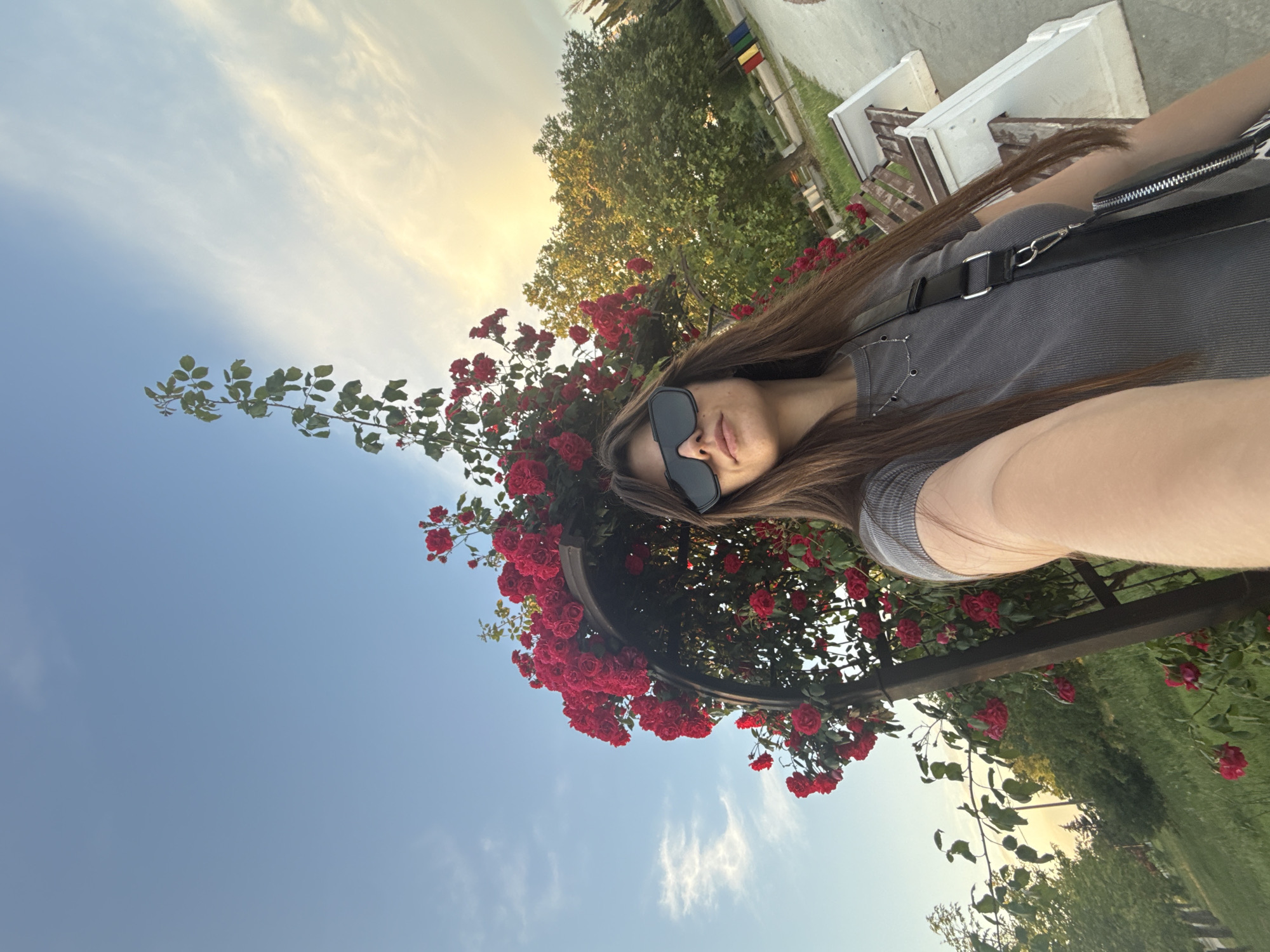 A young woman with long brown hair and sunglasses takes a selfie in a park setting. She is wearing a grey t-shirt and a necklace. A large archway covered in red roses is behind her. The sky is blue with some wispy clouds, and the sun is setting in the background, casting a warm glow on the trees. There are park benches visible in the background.