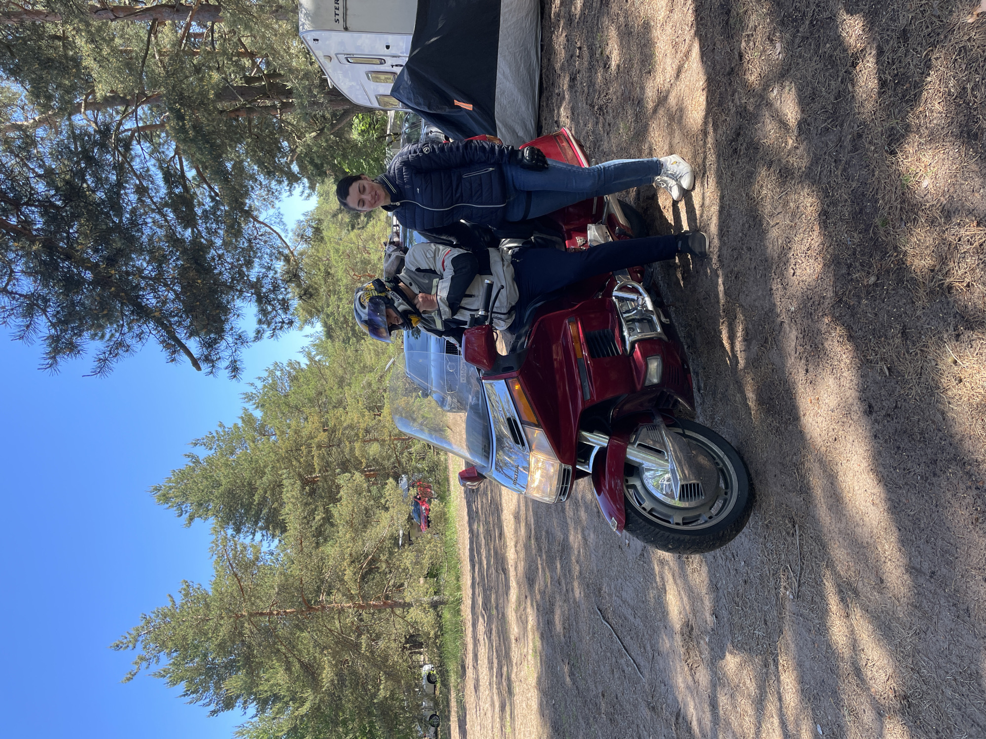 This image captures a bright, sunny outdoor scene in a forested area identified as Zelenaya Roshcha, Russia, featuring two individuals and a red touring motorcycle. On the left, a male is seated on a prominent red Honda Gold Wing motorcycle, which has its headlight illuminated and chrome accents on the front wheel and fairing. He is wearing a full-face helmet (with "SHOEI" branding visible), a gray and black motorcycle jacket, dark trousers, and dark shoes, with his hands positioned near his chin. To his right, a female stands beside the motorcycle, facing slightly towards the camera with a faint smile. She is dressed in a dark blue puffer jacket, blue jeans, white sneakers with yellow accents, and black gloves.
The ground beneath them is unpaved, composed of packed dirt and scattered pine needles, with distinct shadows indicating direct sunlight from overhead. The background is dominated by numerous tall pine trees, signifying a forested environment. Towards the right side of the frame, behind the female, a white camper van is partially visible, displaying "STER" on its side, adjacent to a dark-colored tent with orange accents. Further into the background, within the treeline, several other vehicles are discernible, including a dark SUV with a partial license plate "860MY" and a red car further to the left. Other light-colored vehicles are faintly visible in the far left background amidst the trees.