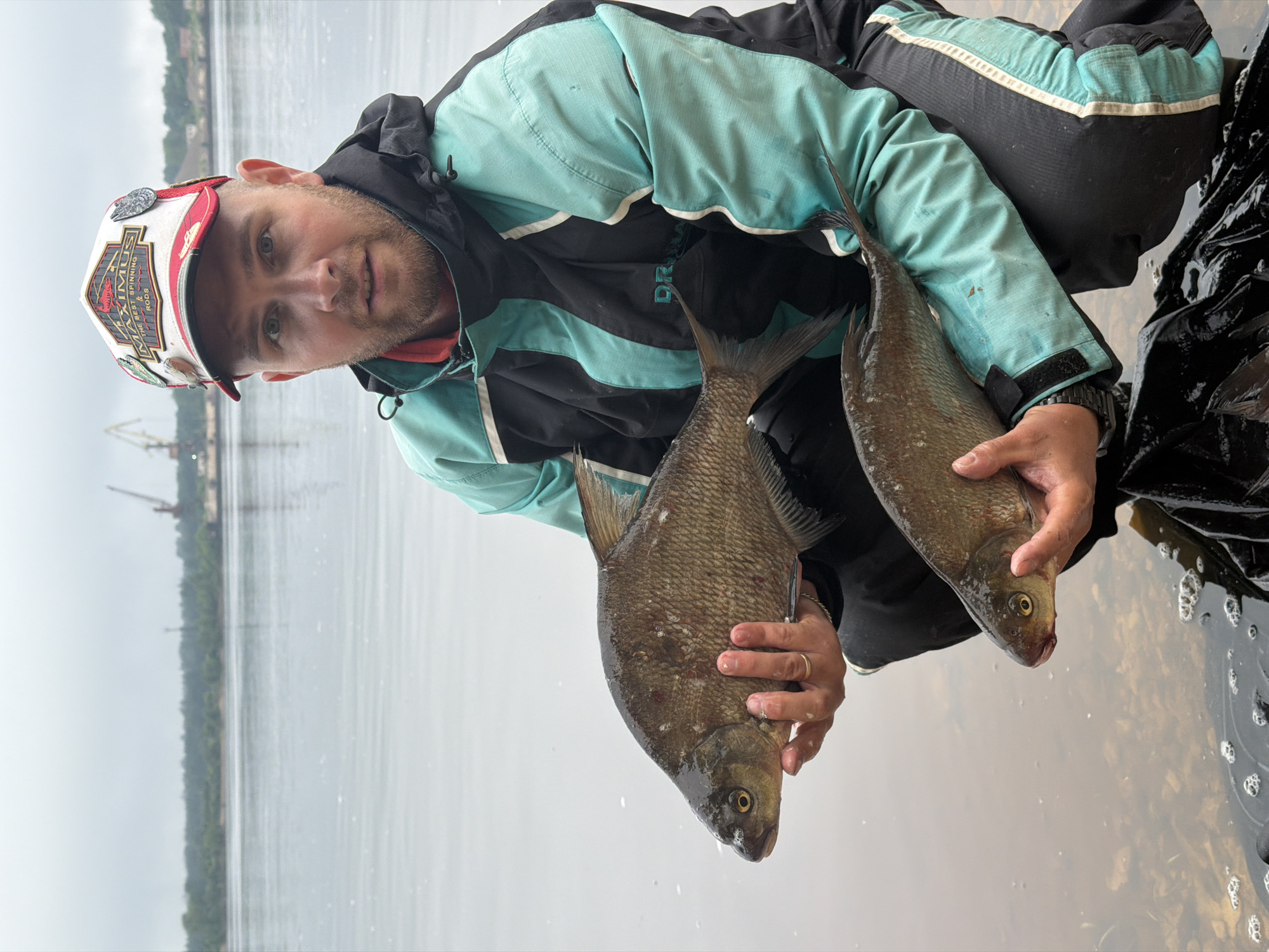 An adult man is depicted standing in shallow water, holding two freshly caught fish towards the camera. He has a beard and wears a white and red baseball cap adorned with patches, featuring the prominent text "MAXIMUS THE BEST SPINNING & RODS". He is also wearing a light blue and black jacket, with part of the brand name "DRYMARA" visible on the shoulder area. A watch is on his left wrist, and a wedding ring is on his left ring finger. The man looks directly at the viewer with a neutral to slightly content expression.
The setting is outdoors, by a large body of water, likely a river or reservoir, consistent with the location context of Chaikovsky, Russia (e.g., Kama River or Votkinsk Reservoir). In the background, across the water, a distant forested bank is visible, along with industrial structures, including what appear to be cranes. The sky is overcast, suggesting a cloudy day with soft, diffused lighting. The water's surface shows minor disturbances around the man's legs. The activity clearly taking place is fishing, with the man presenting his catch. The fish appear to be bream, a common freshwater species.