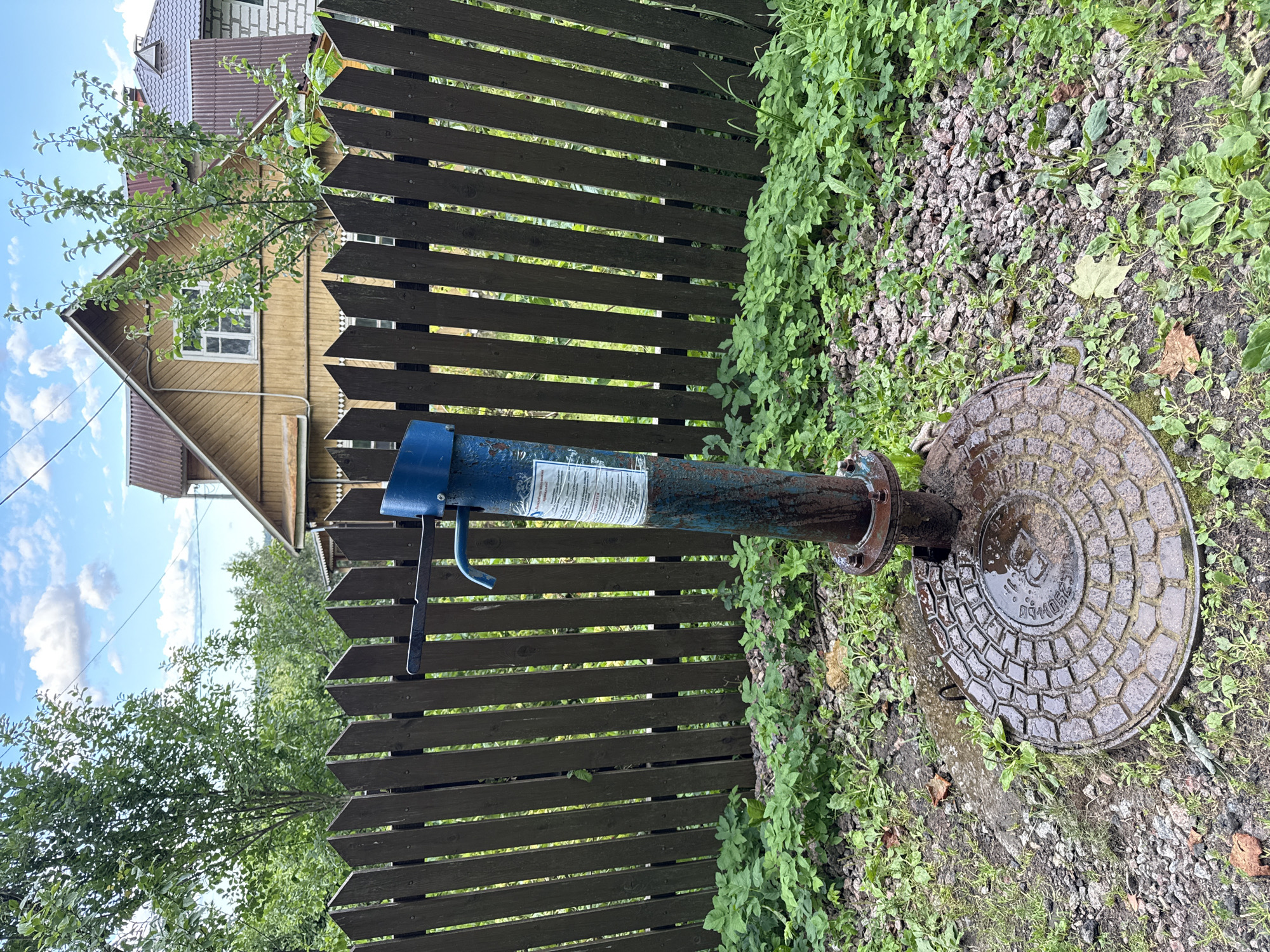 A blue hand pump stands on a circular metal cover in a yard in Krasnoye Selo, Russia. The pump is worn and rusted in places, with a label attached to its side. The area around the pump is covered in gravel and green plants. A wooden fence runs horizontally across the background, behind which are two houses with wooden siding and metal roofs. Trees and a cloudy blue sky complete the scene.