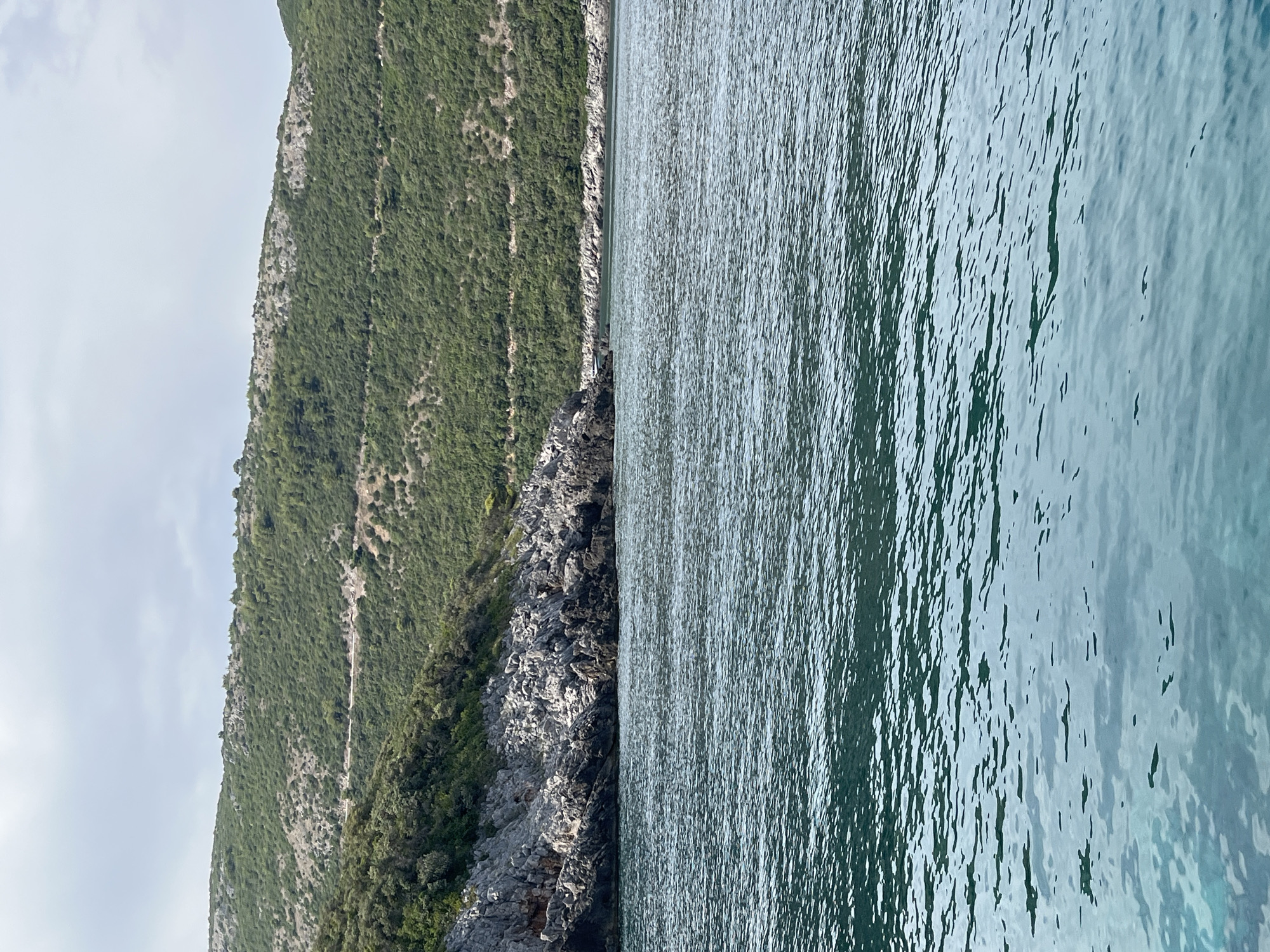The image shows a view of a mountainous coastline with the sea in the foreground. The mountain on the left is covered in dense green vegetation, with rocky outcrops visible. The sea on the right is calm with gentle ripples. The overall scene is natural and serene. There are no people or objects prominently visible, and no text is present in the image. The lighting suggests it is daytime, possibly late morning or early afternoon, with a slightly overcast sky. The location appears to be a coastal area with rugged, vegetated cliffs.