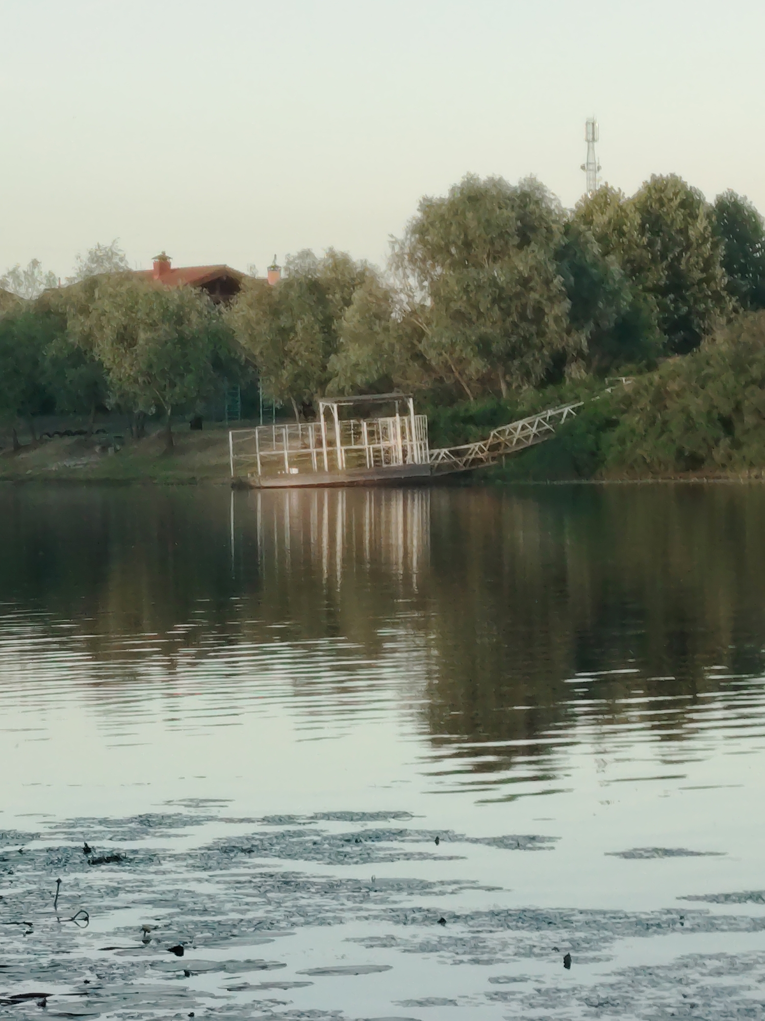 The image depicts a body of water, likely a river or lake, in Vyshhorod, Ukraine. The water is calm with ripples on the surface, reflecting the trees and sky. On the bank, a small, white structure, possibly a dock or a boat ramp, is visible. It has a railing and a ramp leading down to the water. Behind the dock, dense green trees line the bank. In the distance, a few buildings with red roofs are partially obscured by the trees, and a telecommunications tower stands tall against the hazy sky. The overall scene suggests a serene, natural environment on the outskirts of a city.