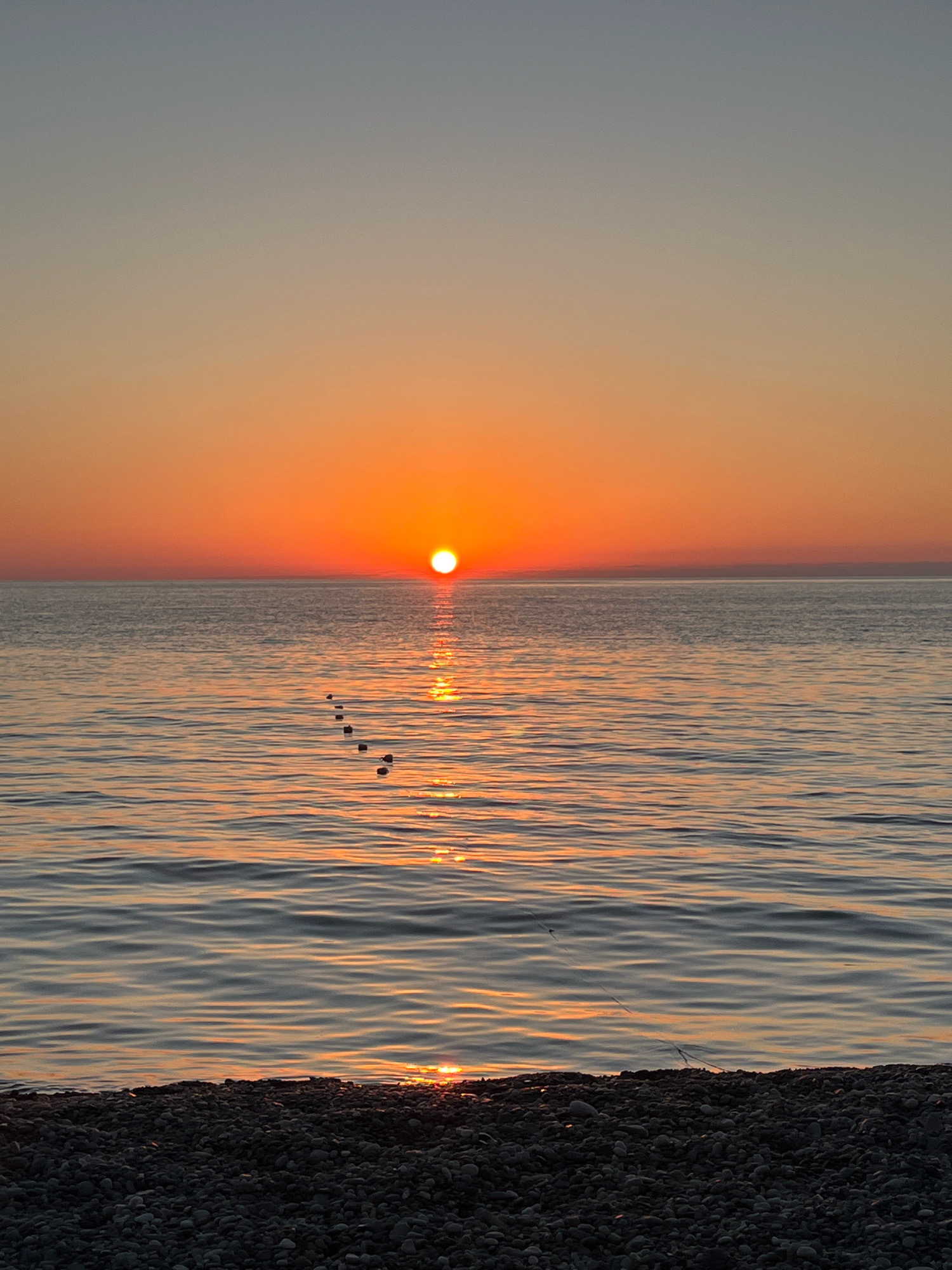 A vertical, low-angle shot captures a serene sunset over the Black Sea at Kobuleti, Georgia. The sun, a brilliant orange disc, is setting on the horizon, casting a warm glow across the sky. The sky transitions from a soft gray at the top to a vibrant orange, then to a deep crimson near the horizon. The sea is calm, with gentle waves reflecting the sunset's colors. A line of buoys stretches across the water, marking a boundary. The foreground shows a pebble beach, with dark, rounded stones. The overall scene evokes a sense of peace and tranquility.