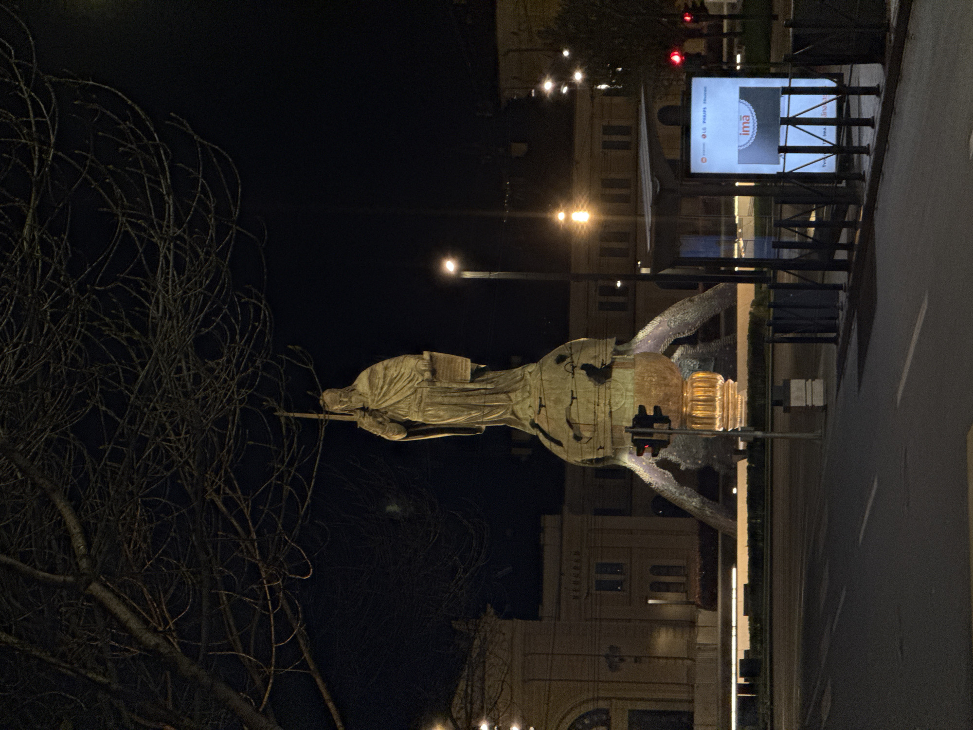 The image shows the Monument to Prince Michael in Republic Square, Belgrade, Serbia at night. The statue depicts Prince Michael riding a horse, illuminated by streetlights. To the left, a bare tree partially obscures the view. In the background, buildings are visible, also illuminated by streetlights. A bus stop with a digital advertisement board is to the right, adjacent to a road. The image is rotated 90 degrees counterclockwise. Traffic lights are visible. The overall lighting is dim, with the monument and surrounding areas illuminated against a dark sky.