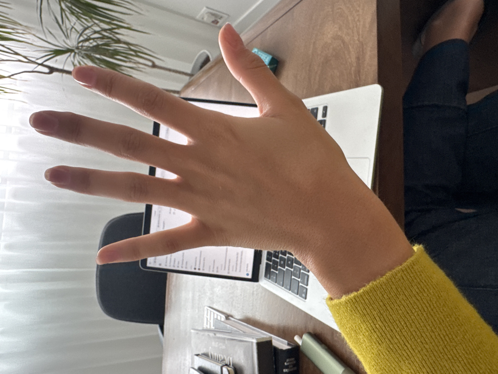 A top-down, slightly tilted view shows a person's hand outstretched above a laptop, partially obscuring its screen. The laptop sits on a wooden surface, accompanied by stationery items. The person is wearing a yellow knit sweater and blue jeans. Background elements include a potted plant and a window. The location in Torres Vedras, Portugal is not discernible from the image.